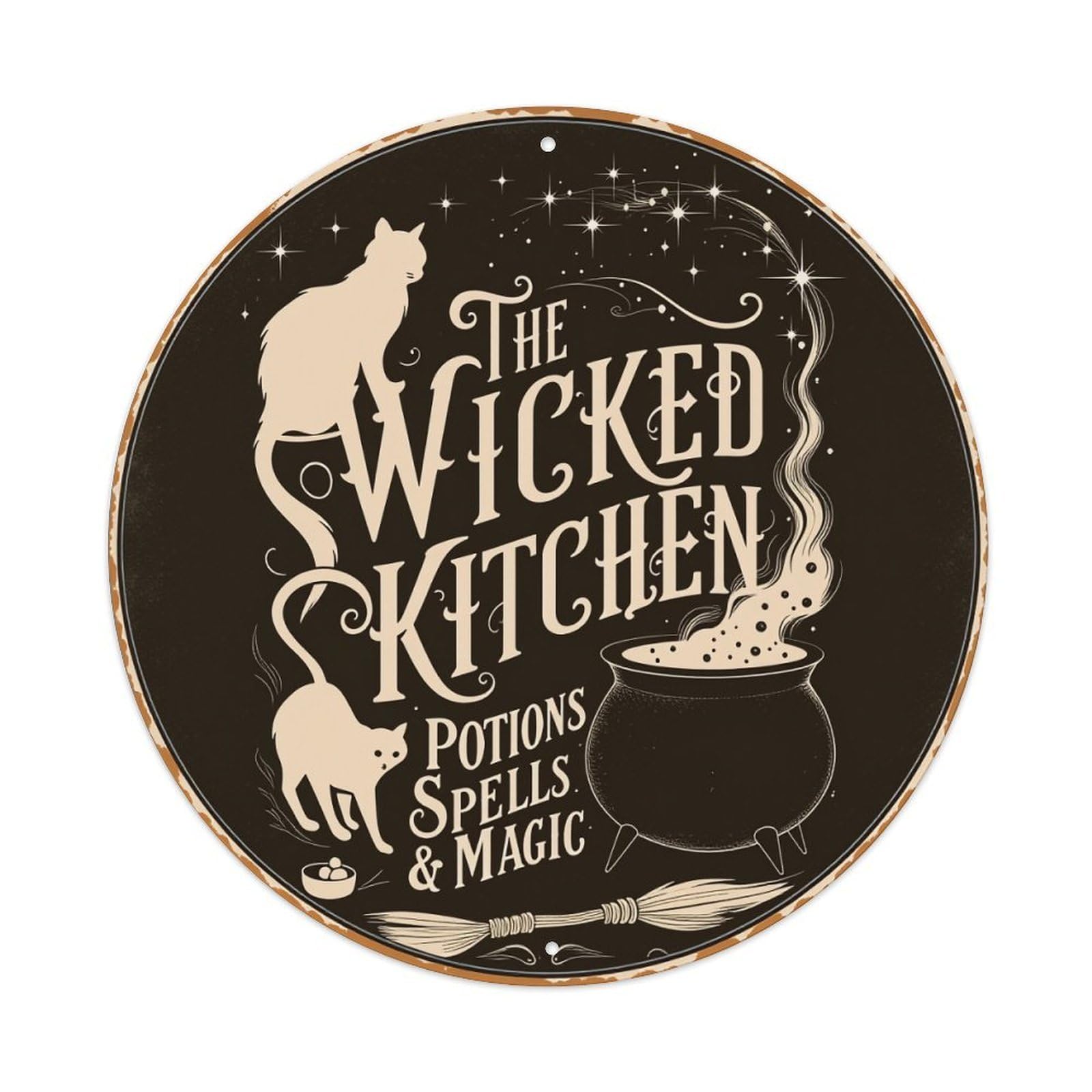 Cat Cauldron Broom Stars Magic Round Tin Sign Vintage Metal Poster, Home Bar Garage Man Cave Cafe Indoor & Outdoor Wall Decoration 8x8Inches
