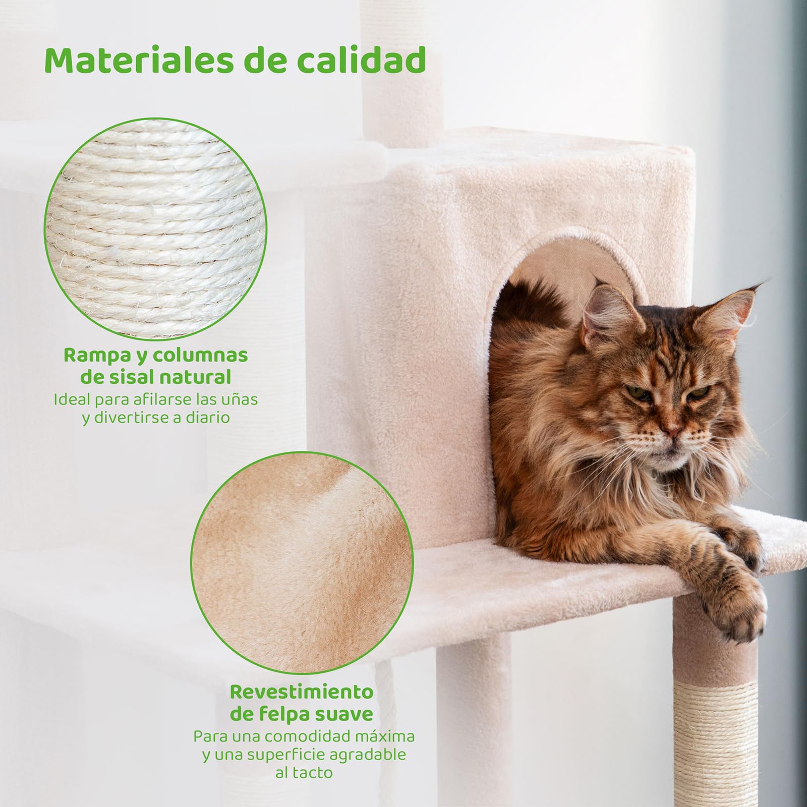 Árbol de Gato XL, rascador para Gatos, 1 Percha, 1 nicho, 1 Hamaca, Pelota, columnas de sisal, Peluche, Altura 160 cm, Color Beige, garantía de 5 años