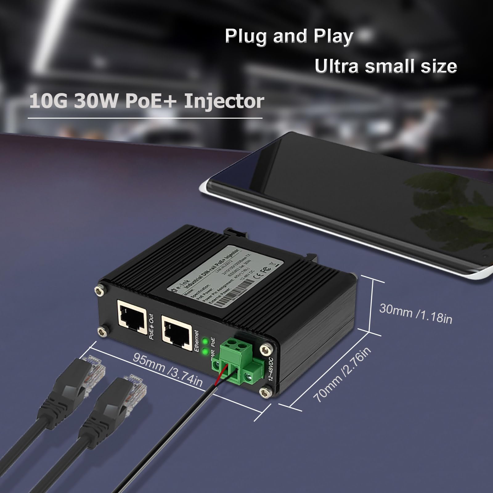 Injecteur PoE 10G – Injecteur industriel 10 Gigabit PoE+ IEEE802.3 à 30 W avec entrée 12-48 V CC rail DIN, support mural, boîtier en aluminium