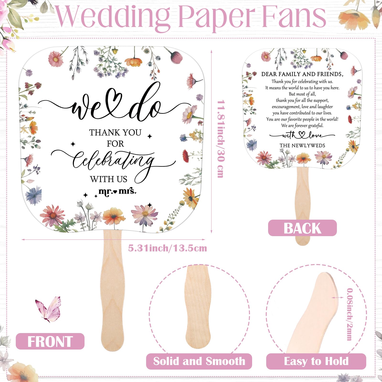 Fumete Hochzeitsfächer für Gäste, 50 Stück Hochzeitsfächer und 1 Stück Hochzeitstischschild, tragbarer Papierfächer mit Holzgriff, Handfächer für Hochzeit, Brautparty, Party, Gastgeschenk