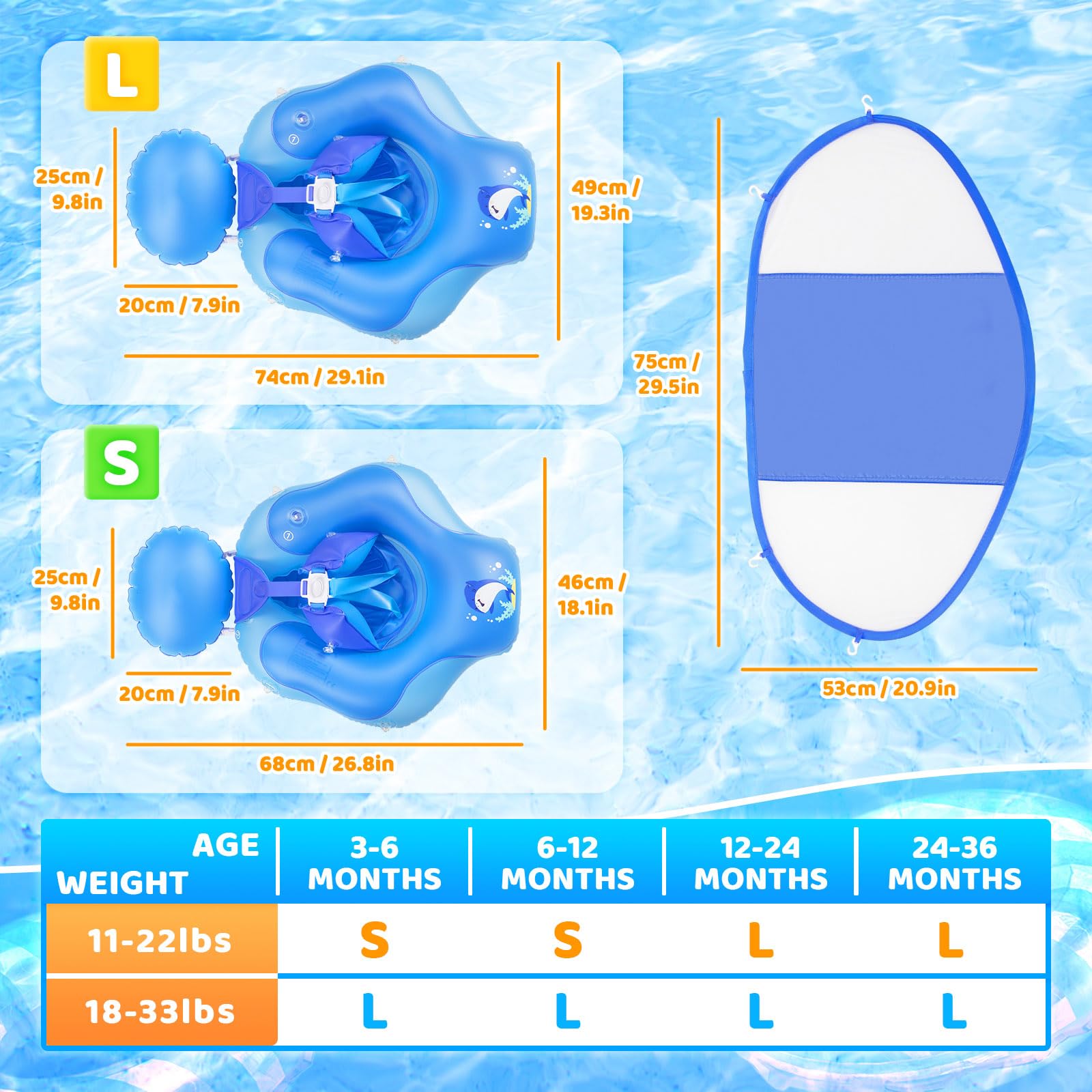 Boa di nuoto per neonati con baldacchino solare UPF50+, galleggiante per neonati Parner, aiuto per il nuoto per bambini da 3 a 36 mesi
