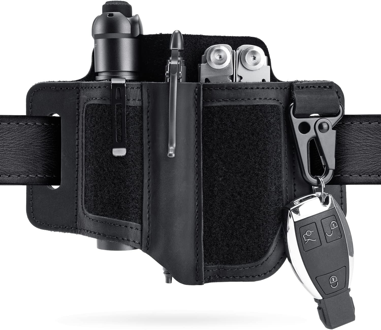 VIPERADE PL3 Multitool Sheath, Leather Sheath with DIY Patch Area, EDC Pocket Organizer for Men, Leatherman Sheath Flashlight Holder with Pen Holder, EDC Belt Organizer with Key Holder (B-Black)