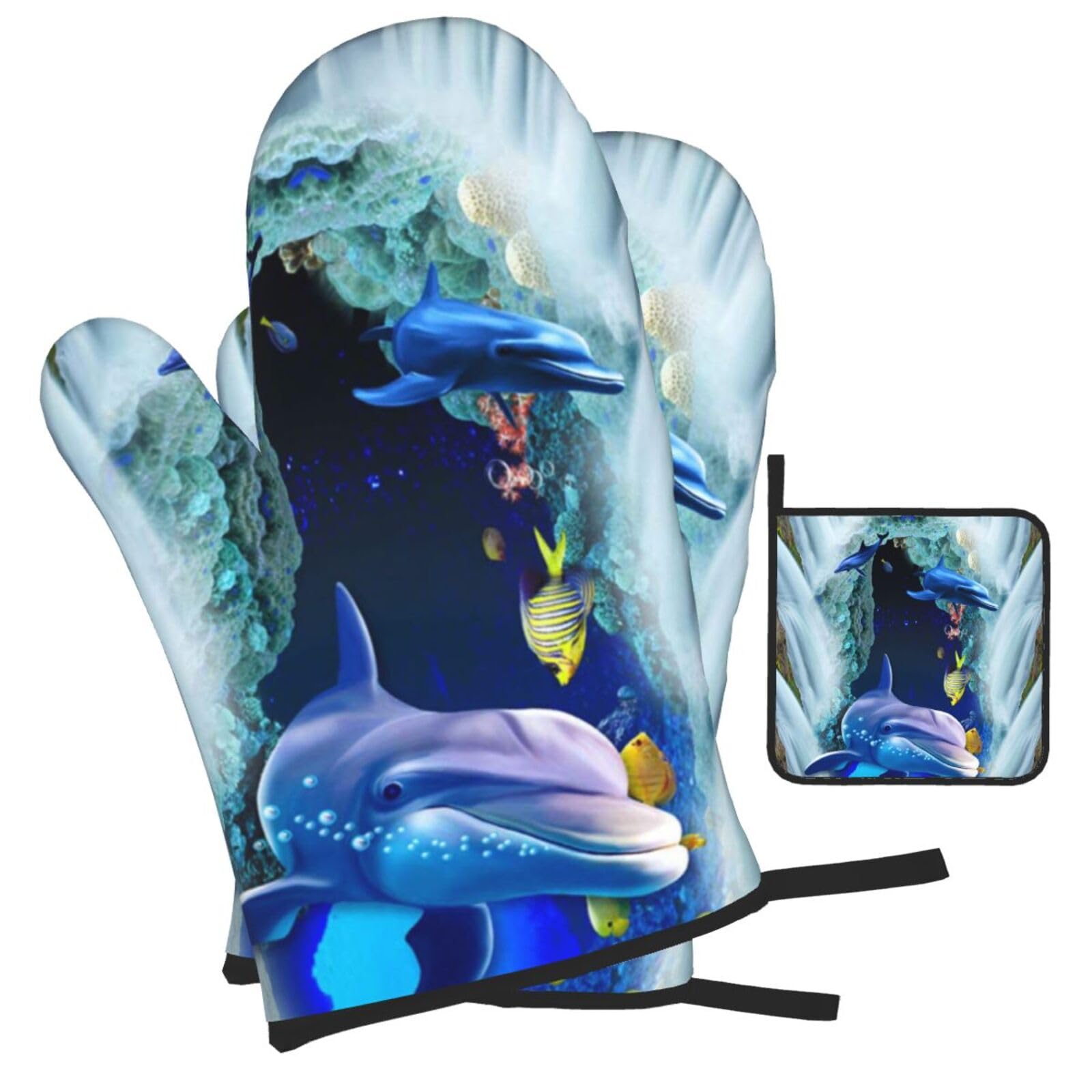 Dolphin Printed Oven Mitts and Pot Holders Heat Resistant Set of 3 Pcs, Modern Kitchen Gloves & Potholders for Cooking Baking Grilling