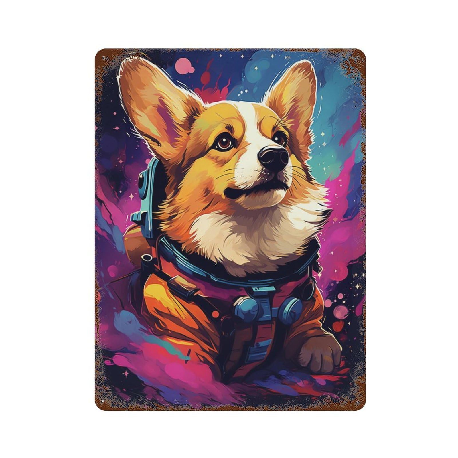 Rusty Metal Tin Sign Corgi Astronaut in Space -15 15.7"x11.8", Rustic Home Decor for Shed, Workshop And Garage Wall Decor
