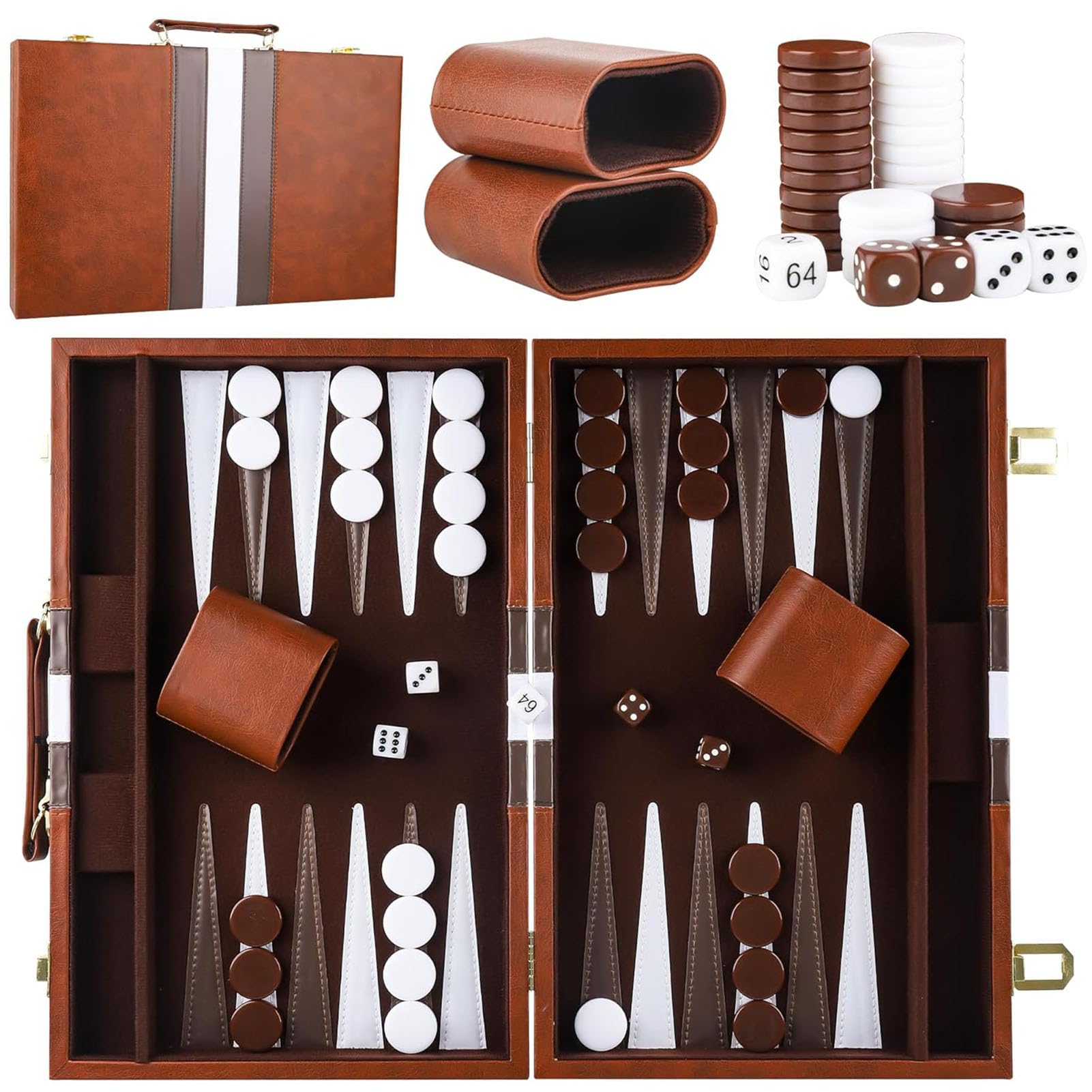 Scatola di backgammon in legno, set di backgammon da viaggio classico per 2 giocatori con custodia in pelle di alta qualità e tazza per dadi per campeggiatori e viaggiatori