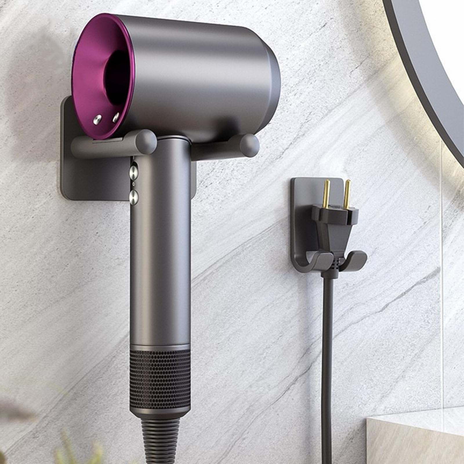 Soporte para Secador de Pelo de Pared sin Taladro, Organizador de Baño de Aluminio, Gris