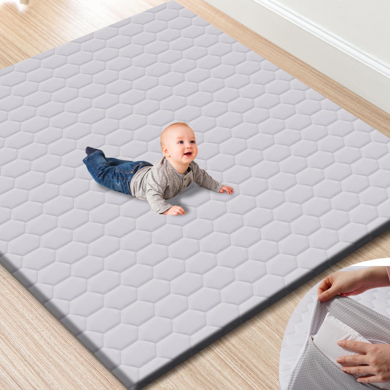 TINYHARBO Premium Foam Baby Play Mat with Removable Cover, 50x50 Extra Thick Padding Playpen Mat, Non-Slip Floor Mat, Stylish & Easy to Clean for