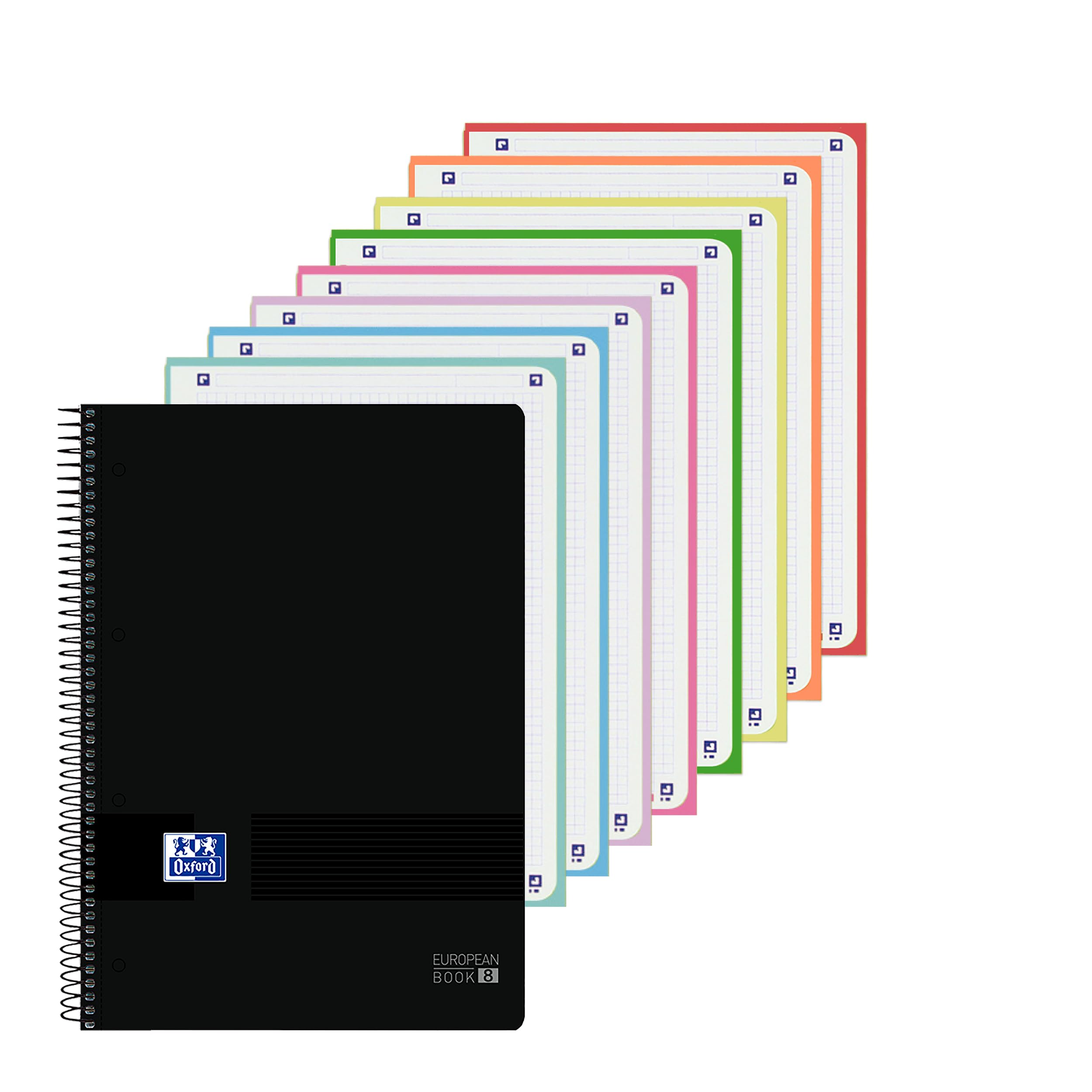 Oxford Cahier A4 quadrillé 5 x 5, couverture plastique, 8 bandes de couleur, feuilles micro-perforées, noir