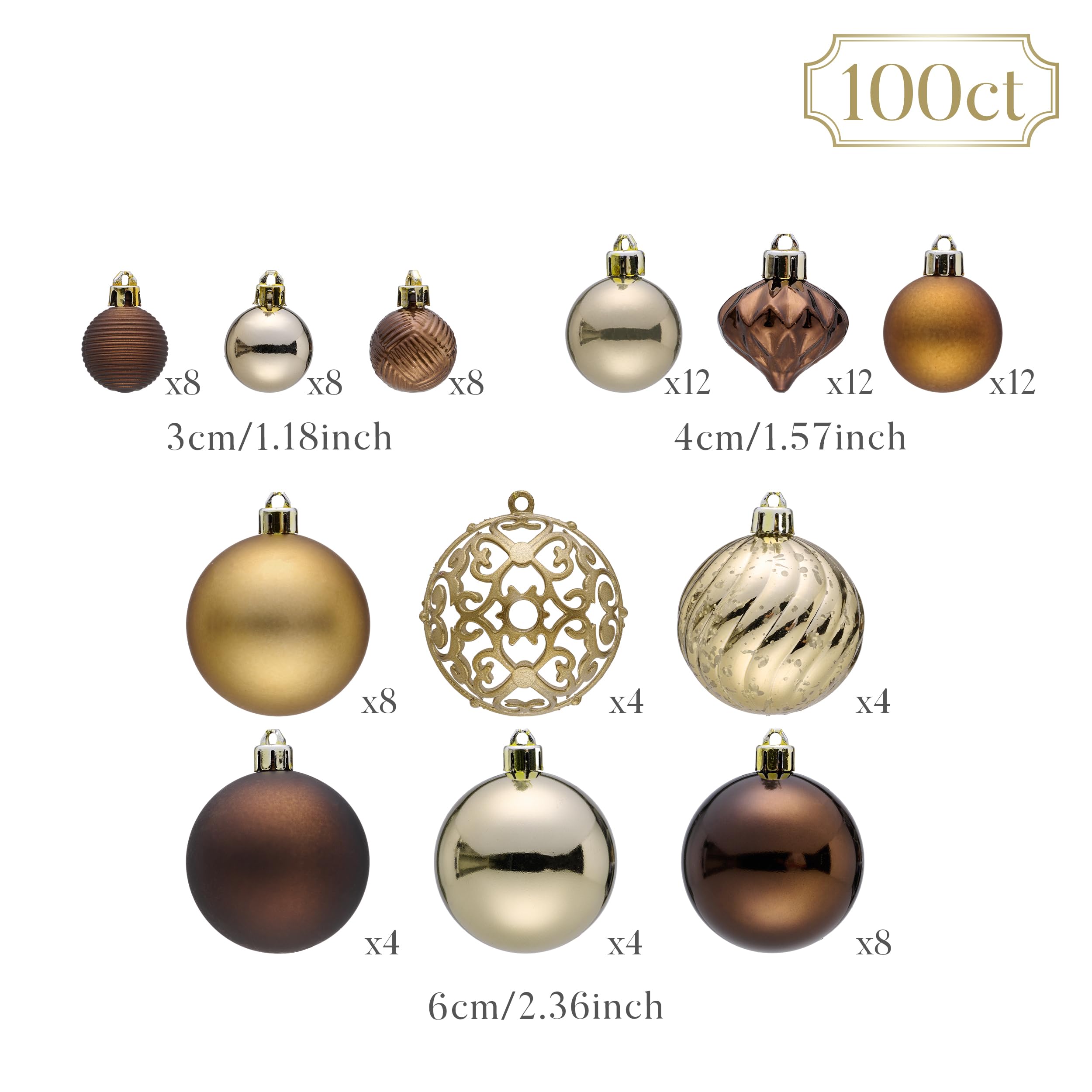 Valery Madelyn Weihnachtskugeln, 100 stück Christbaumkugeln mit Geschenkpaket, Weihnachtsbaumschmuck Christbaumschmuck mit Aufhänger, Thema Bronze