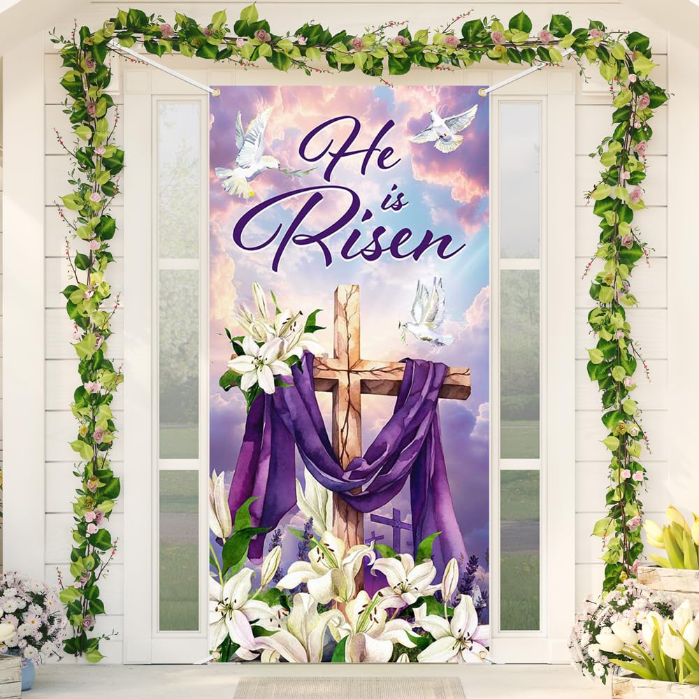 Décorations De Croix De Pâques Panneau De Porte, He Is Risen Croix En Bois Enseignes De Jardin Extérieur Plaque Funéraire Commémorative, Décor Suspendu Pour Mur Porte D'entrée Clôture De Jardin