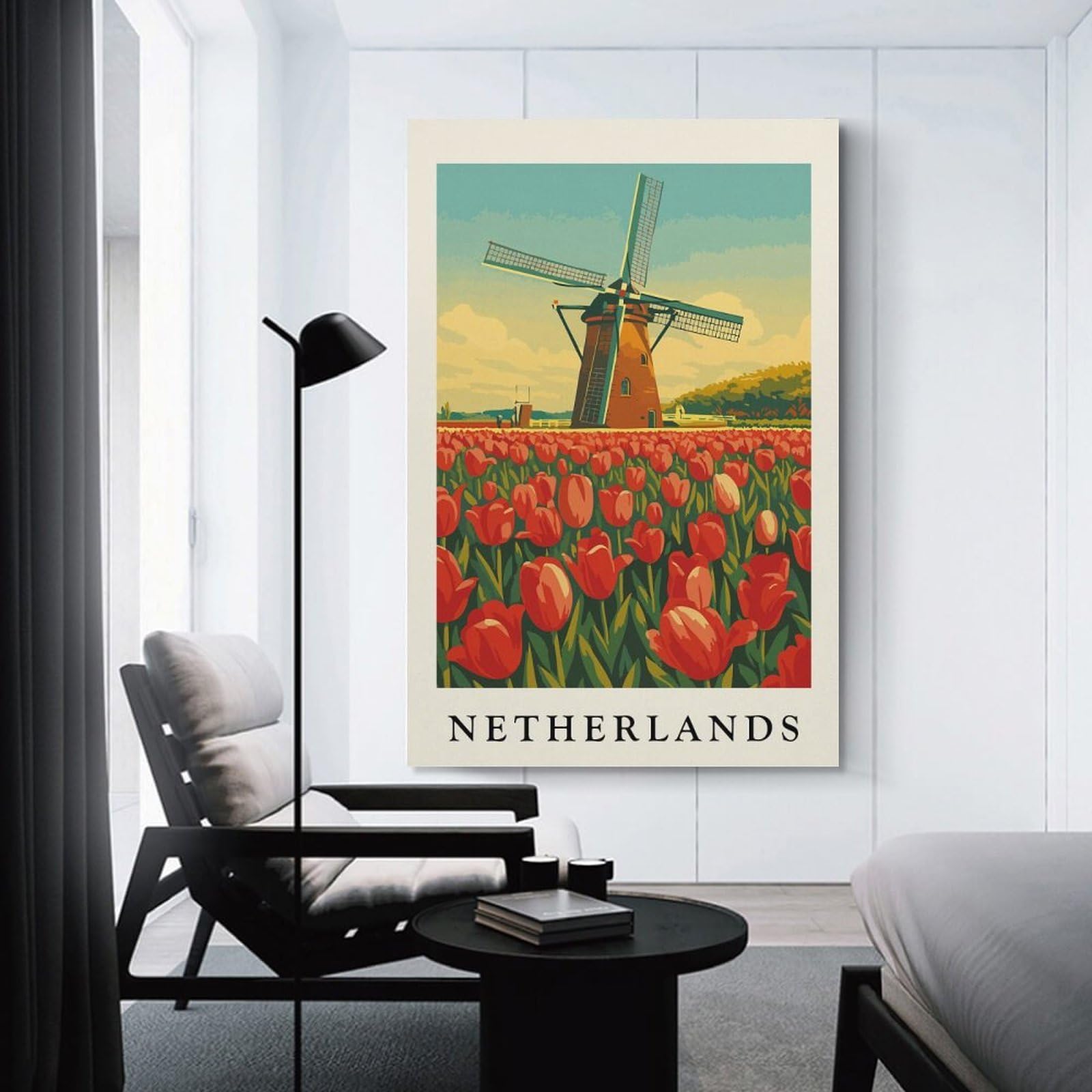 Junmoney Netherlands Windmill And Tulips Illustration Home Decor Wall Art 20x30inch(50x75cm), for Restful Interiors, Bedrooms Or Small Rooms, Decorative Wall Art for Cosy Rooms