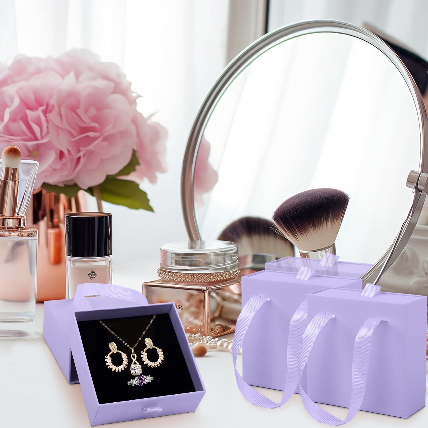Luxury Jewelry Gift Box,12 Pack Velvet-Lined Jewelry Organizer Compact Drawer Jewelry Box for Earrings & Rings,2 in 1 Jewelry Gift Box Drawer Style with Handle Rope,3.9"D x 3.9"W x 1.65"H (Purple) image 4
