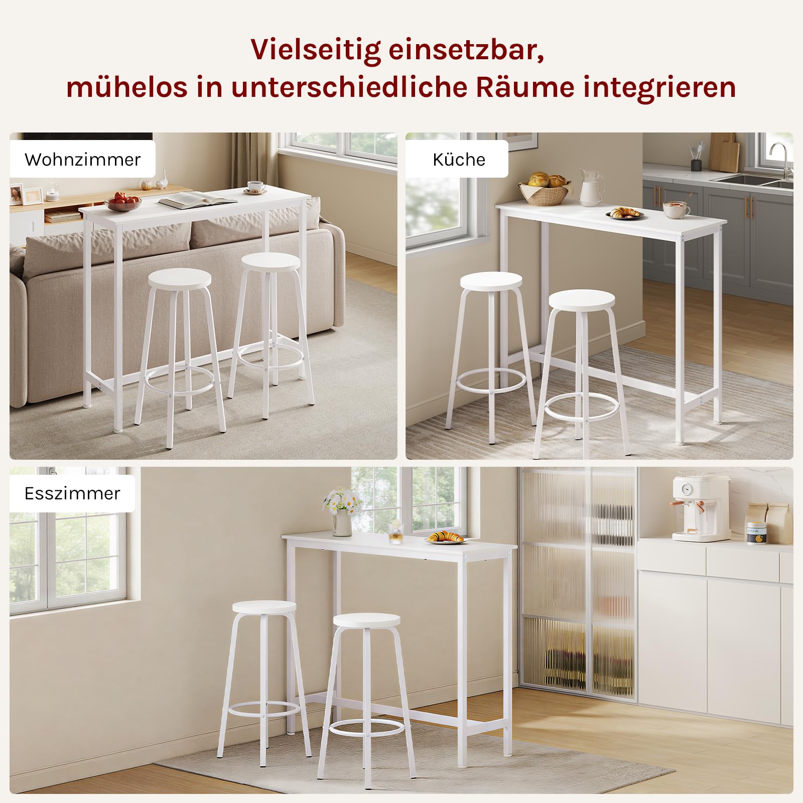 WOLTU Bartisch Set mit 2 Barhockern, Stehtisch & Barstuhl mit Metallgestell, Esstisch aus Holz für Bar Küche Wohnzimmer, Bistrotisch Bartheke Tresentisch, 120x40x100cm, Weiß