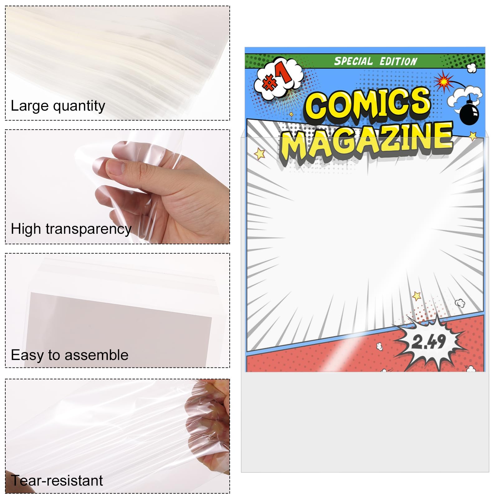 100 Sets Current Size Comic Book Bags and Boards, Reusable Clear Comic Book Sleeves with Double-Sided White Cardboard, Top-Loader Protective Covers for Collectors Comics Storage & Display