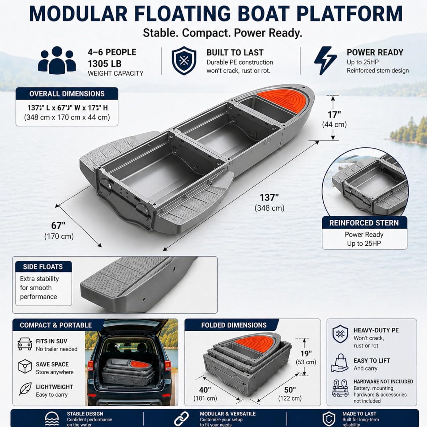 B1 Modular Portable Boat, Upgraded Pontoon Boat - Modular Fishing Kayak with Integrated Fish Box, 1036-1148 lb Load Capacity, Suitable for Fishing, Rowing, Ferrying, and Work