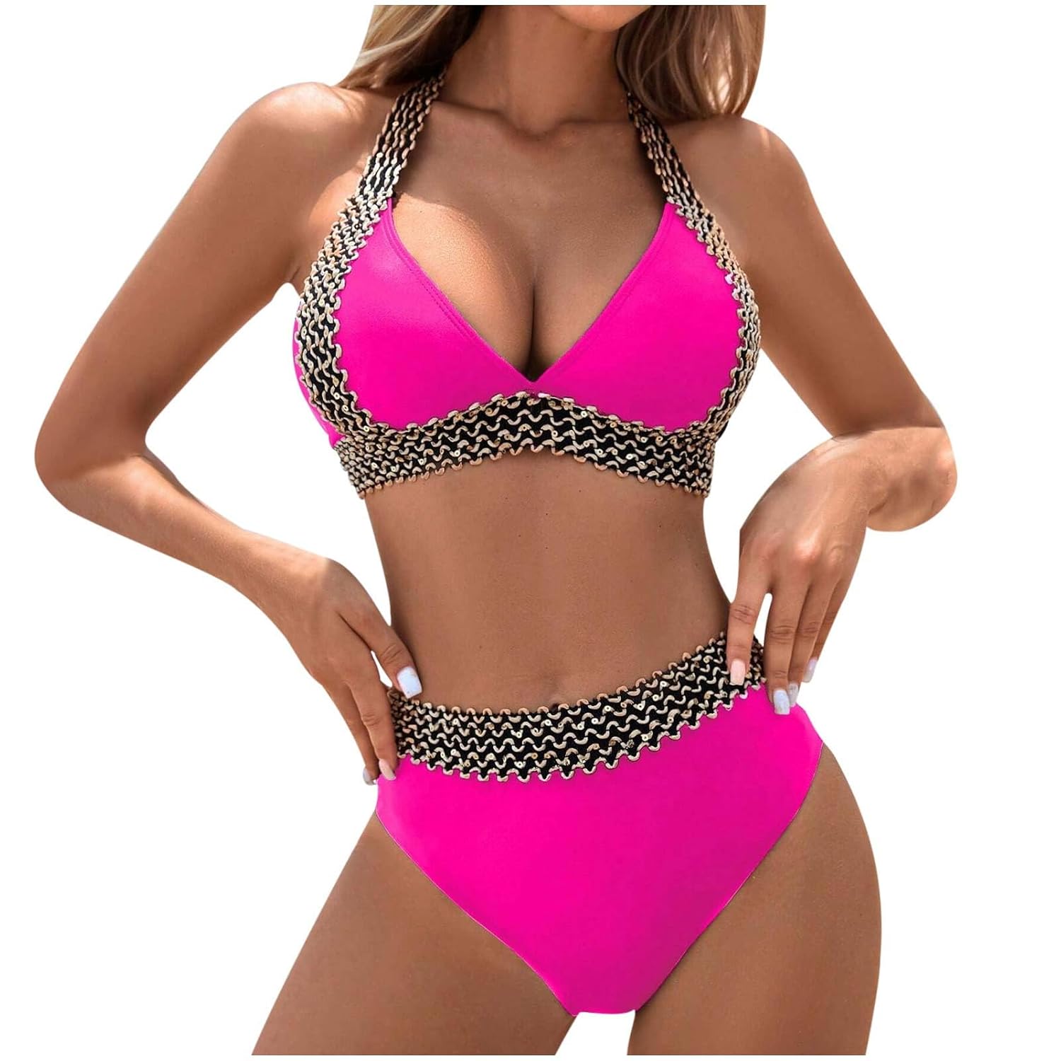 Women High Waisted Bikini Set Push Up 2 Piece Swimsuit Color Block Halter Bikini 2026 Summer Bathing Suit