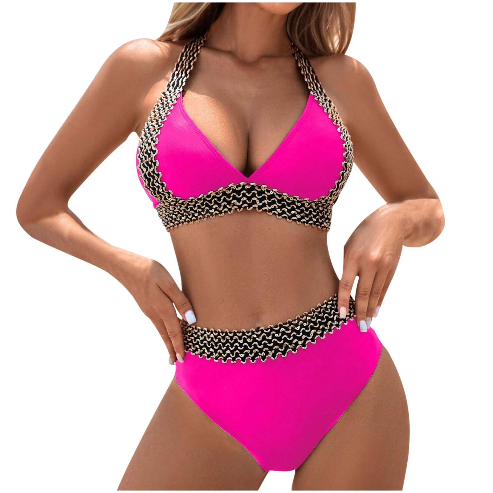 Women High Waisted Bikini Set Push Up 2 Piece Swimsuit Color Block Halter Bikini 2026 Summer Bathing Suit
