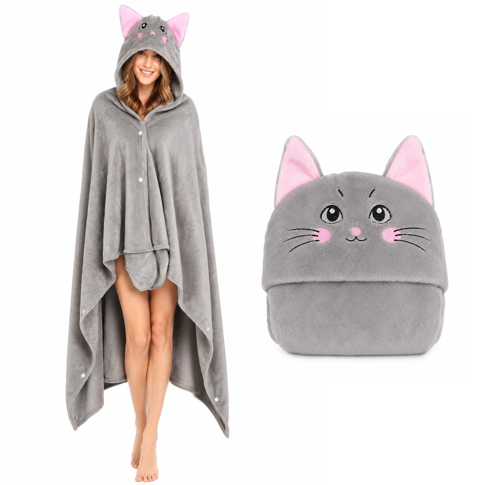 Manta con capucha y mangas, estilo sudadera, de franela, color gris, con forma de gato. Regalo ideal para amantes de los gatos, perfecto para el hogar, viajes, cumpleaños y mascotas(Gray Cat)