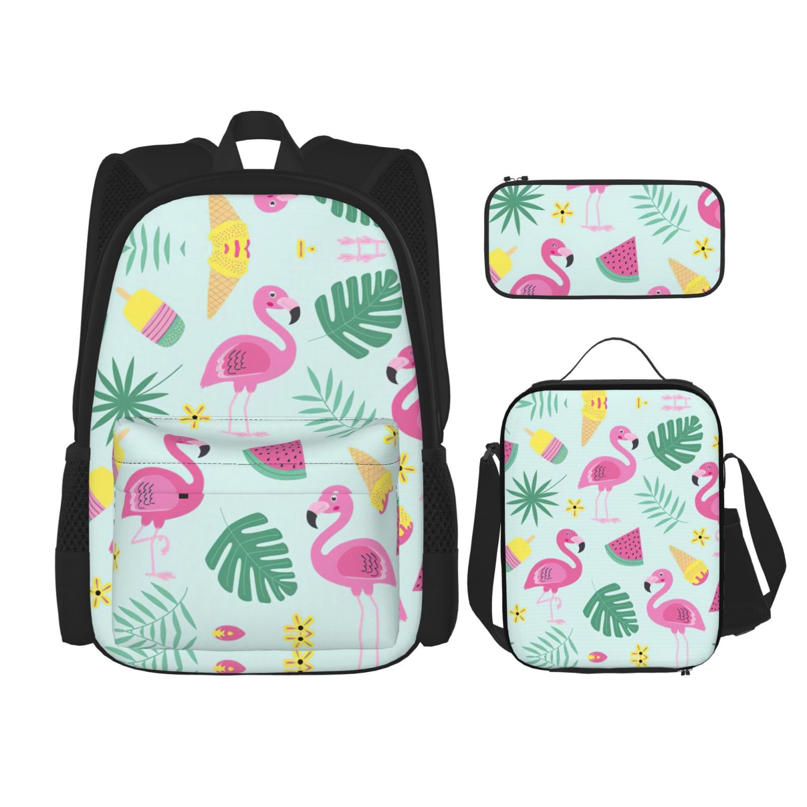 Juego de 3 mochilas escolares con estampado de frutas y helados de flamencos, mochila para laptop de gran capacidad resistente al agua con bolsa de almuerzo aislada y estuche para lápices para