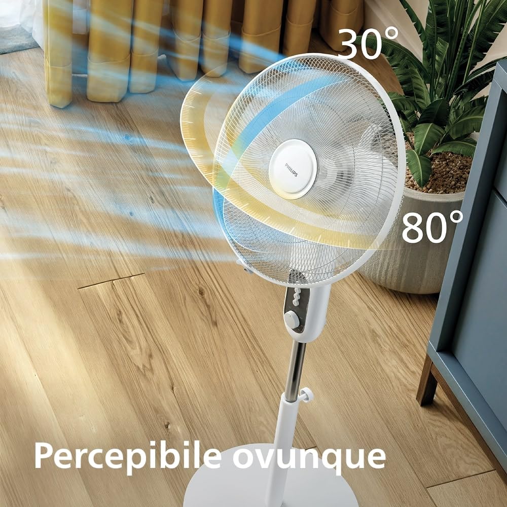 Philips Ventilatore a Piantana Serie 1000 - Potente e Silenzioso, 38 dB, Altezza Regolabile, Inclinabile e Rotante, Timer, Bianco (CX1220/00)