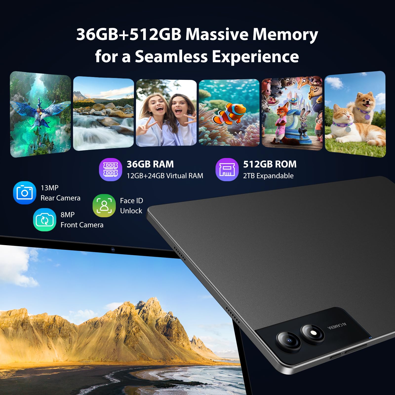 3K Tablet 13 Pollici Android 16 con 36GB RAM+512GB ROM(TF 2TB), 4G LTE & 5G WiFi,11580mAh/Octa Core/Gemini AI/13MP+8MP/18W/90Hz/GPS/Widevine L1/BT 5.0, Tablet con Tastiera, Nero