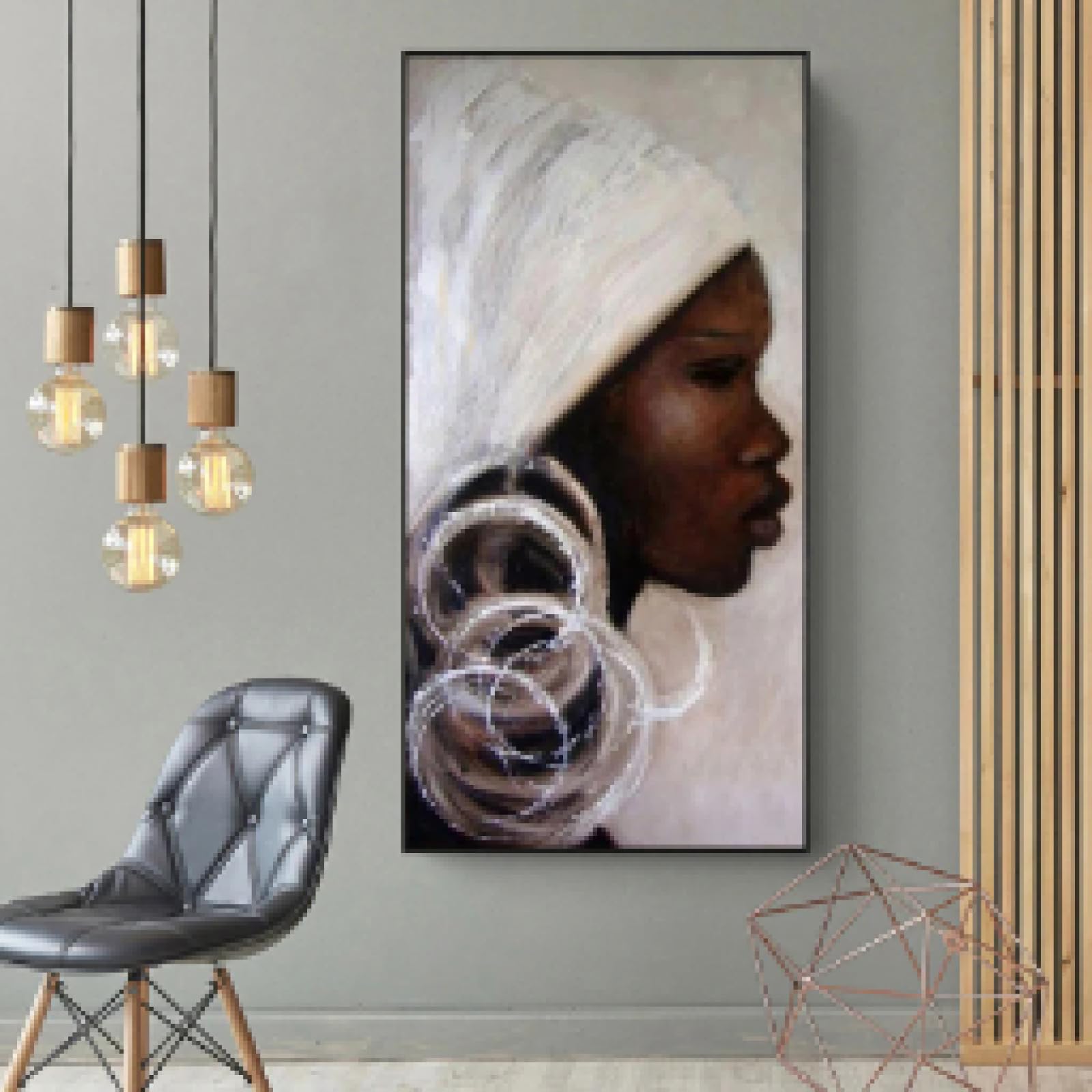 ADOHOME Retrato africano al óleo blanco y negro con cara de mujer africana sobre lienzo, cuadro de pared para decoración del hogar, sin marco, 80 x 160 cm, sin marco