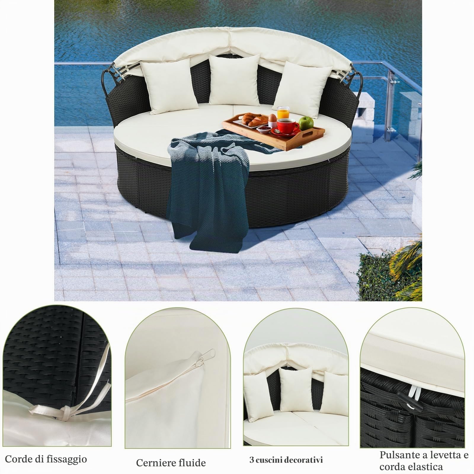 LIFEZEAL Set Giardino da Esterno in Rattan PE, Divano Rotondo in 4 Pezzi con Cuscini, Lounge Letto Matrimoniale con Tettuccio Parasole, Lettino Prendisole Max 360kg per Piscina e Cortile, 168x180x157