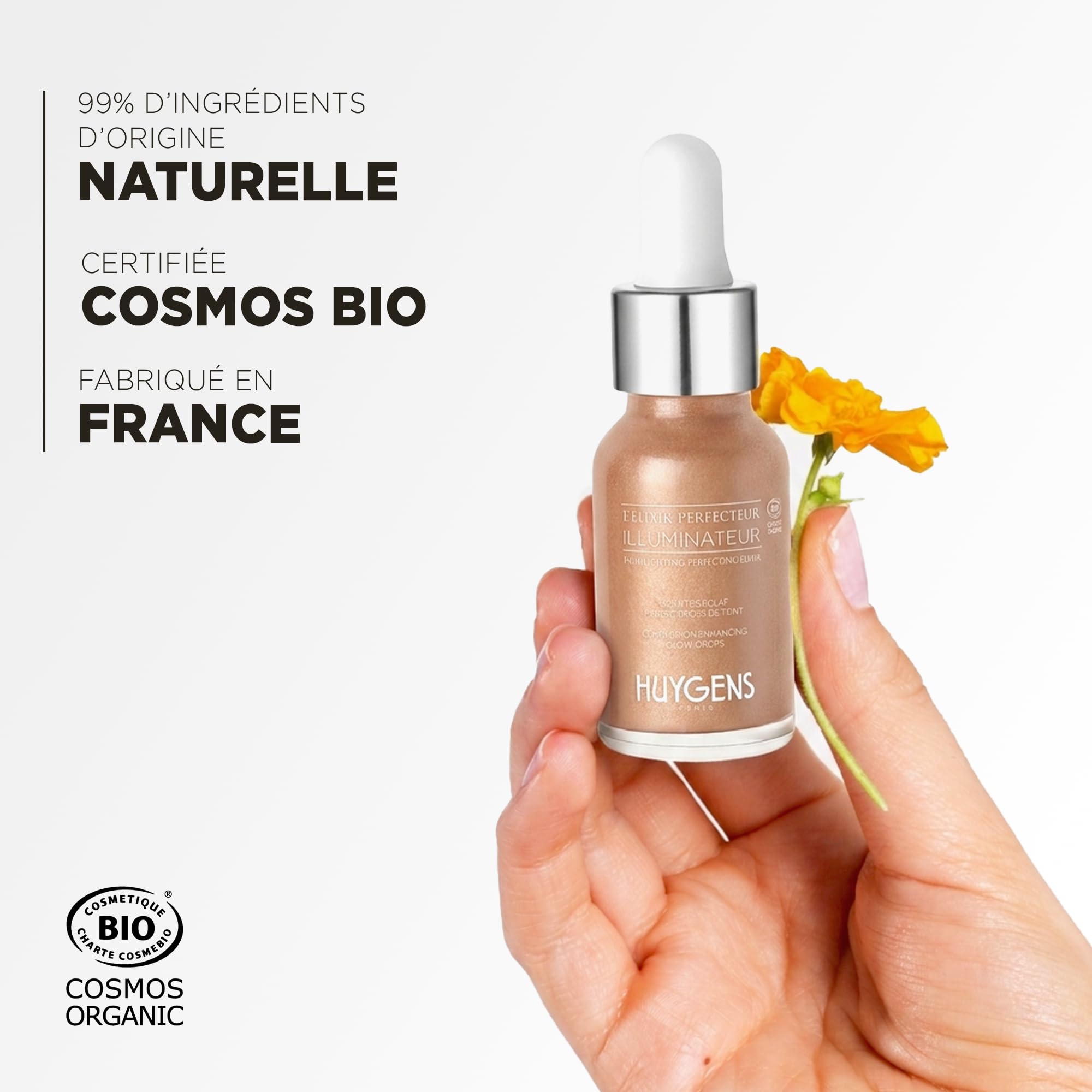 HUYGENS Élixir Perfecteur Illuminateur – Sérum Highlighter Liquide Effet Glow – Enlumineur de Teint Bio Hydratant – Eau de Source Marine, Aloe Vera & Nacres Dorées – 15 ml