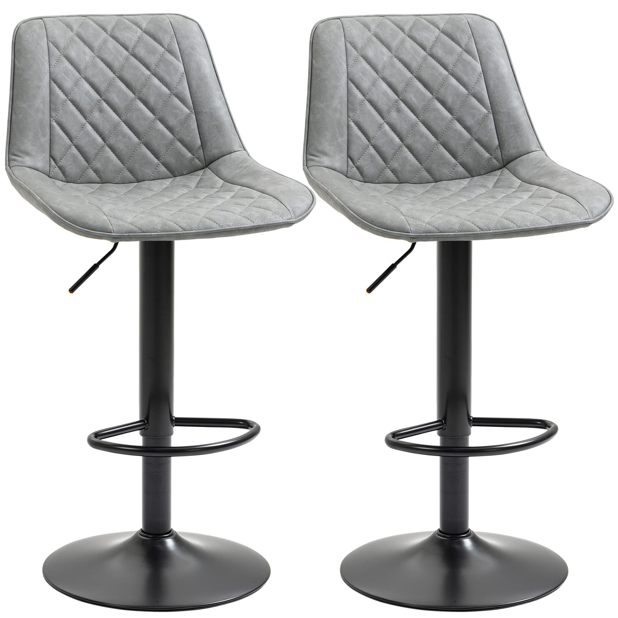 HOMCOM Set of 2 Swivel Bar Stools, Kitchen High Stools with Adjustable Height 86-106 cm, Kitchen High Chairs, Upholstered in Faux Leather, Back and Footrest, Grey