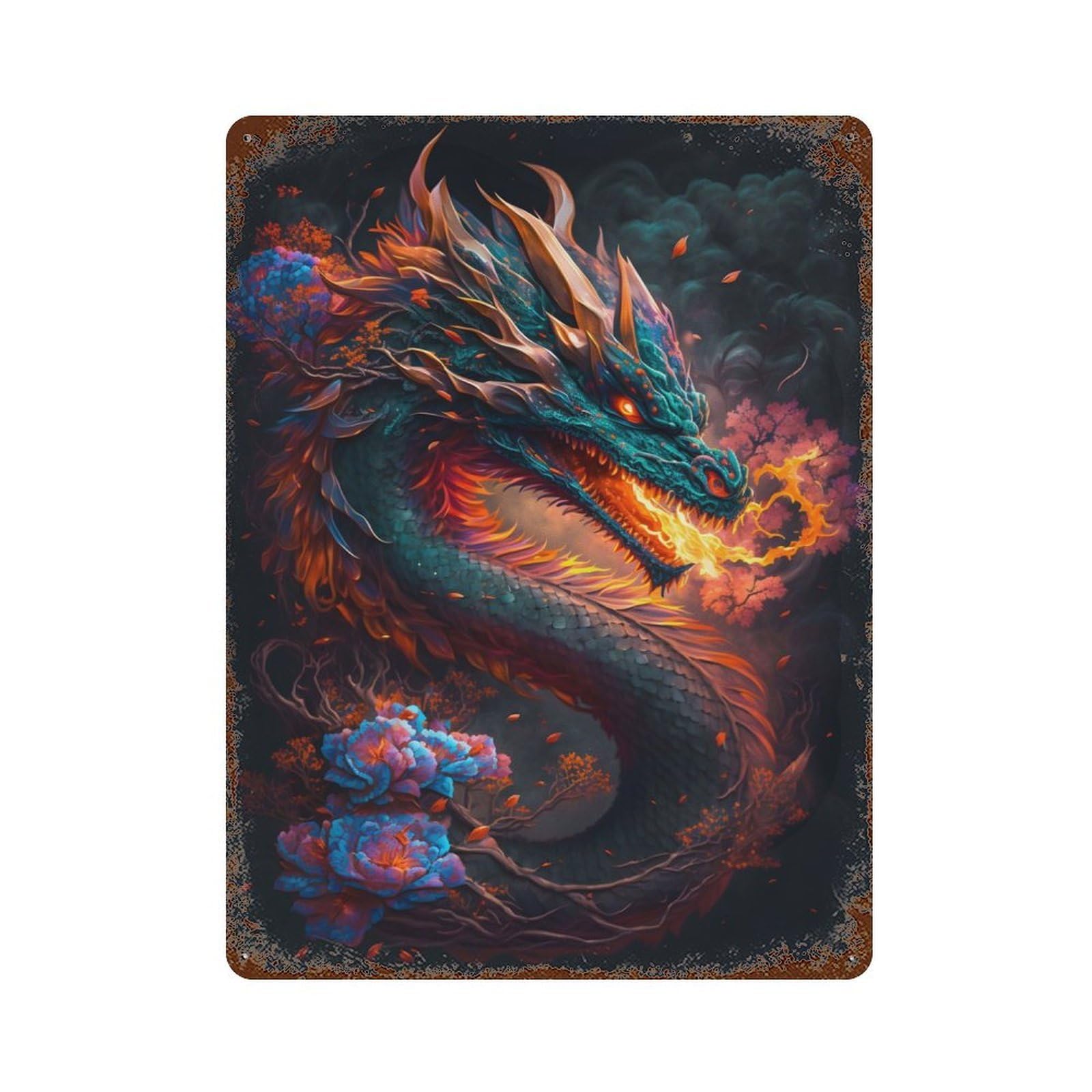 Dragon Flowers Rustic Tin Plaque 15.7"x11.8", Ideal for Shed, Workshop And Garage Wall Decor