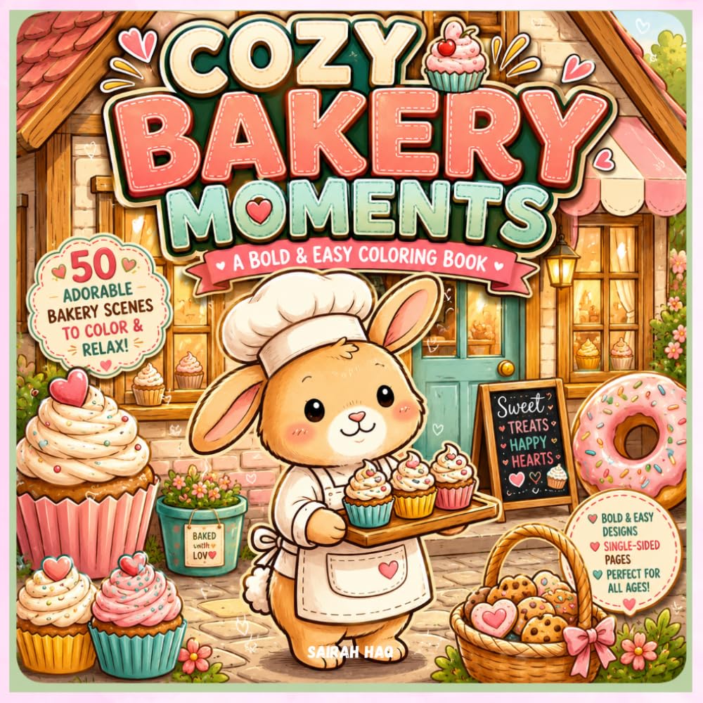 Cozy Bakery Moments: A Bold & Easy Coloring Book Featuring Cute Bakeries, Sweet Treats, Adorable Animal Bakers, Warm Cafés & Relaxing Cozy Scenes