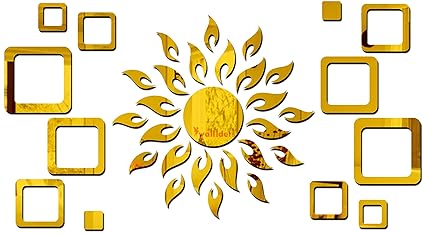 Wall1ders Sun with 12 Square Golden (Sun Size 45 cm x 45 cm), mirror stickers for wall, acrylic mirror wall decor sticker, wall mirror stickers, Acrylic Stickers, Wall Stickers for Hall Room, Bed Room, Kitchen.