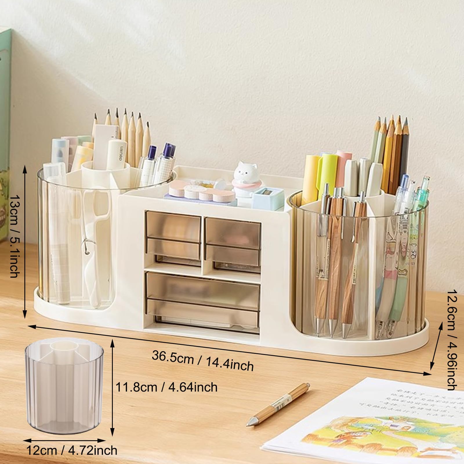 Portapenne da scrivania girevole a 360°Portamatite da Scrivania con 14 scomparti Organizer Scrivania Grande Capacità Porta Penne Rotante per Matite Pastelli Scuola Casa Ufficio (Beige)