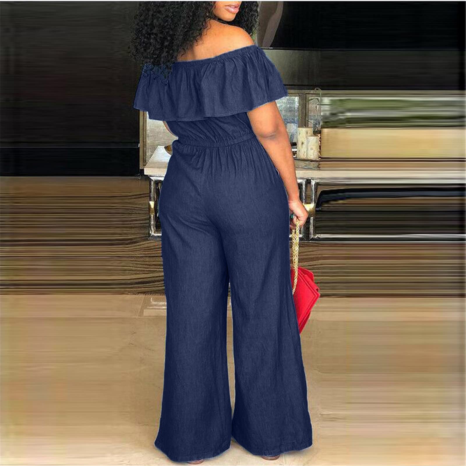 FUPODD Jumpsuit Damen Sommer Große Größen Jeans Overall Damen Sommer Lang Weites Bein Jumpsuits Schulterfrei Plus Size Playsuit Elegant Denim Einteiler Mit Tasche Luftig Romper Frauen Mit Kordel