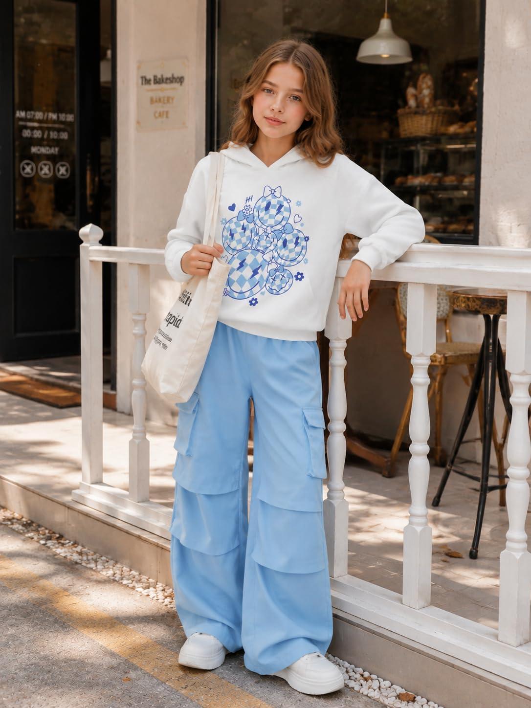 Yoxindax Girls 2 Piece Outfits 7-16 Years, Smiley Face Hoodie & Cargo Pants Set,Teen Girls Clothes Fashion Daily Wear