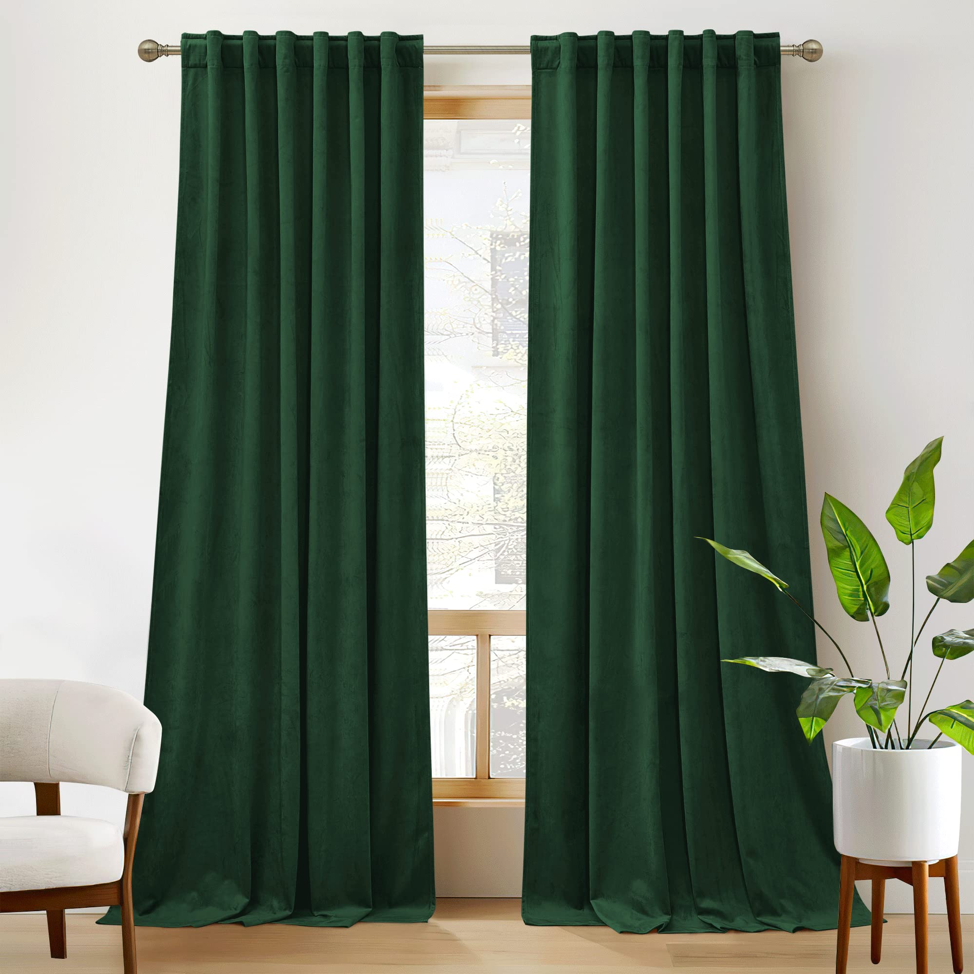 RYB HOME Dark Green Velvet Curtains 102 inches, Back Tab Soft Fabric Room Darkening Thermal Insulated Luxurious Home Decor Curtains for Living Room Bedroom, W 52" x L 102", 2 Panels Set