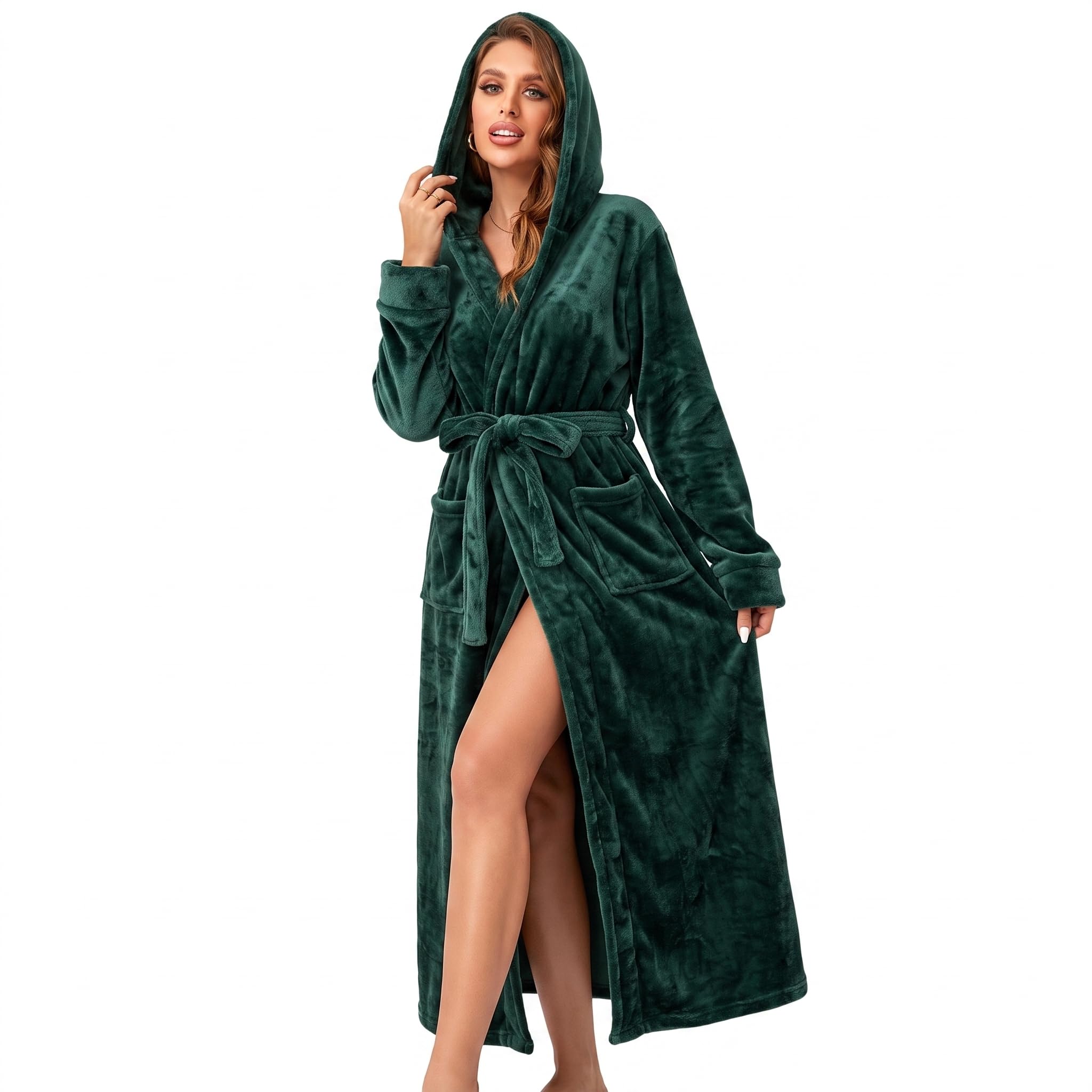 RONGTAI Langer Damen-Bademantel aus Plüsch-Fleece, dick, mit Kapuze, mit Taschen, flauschige Nachtwäsche für Herren