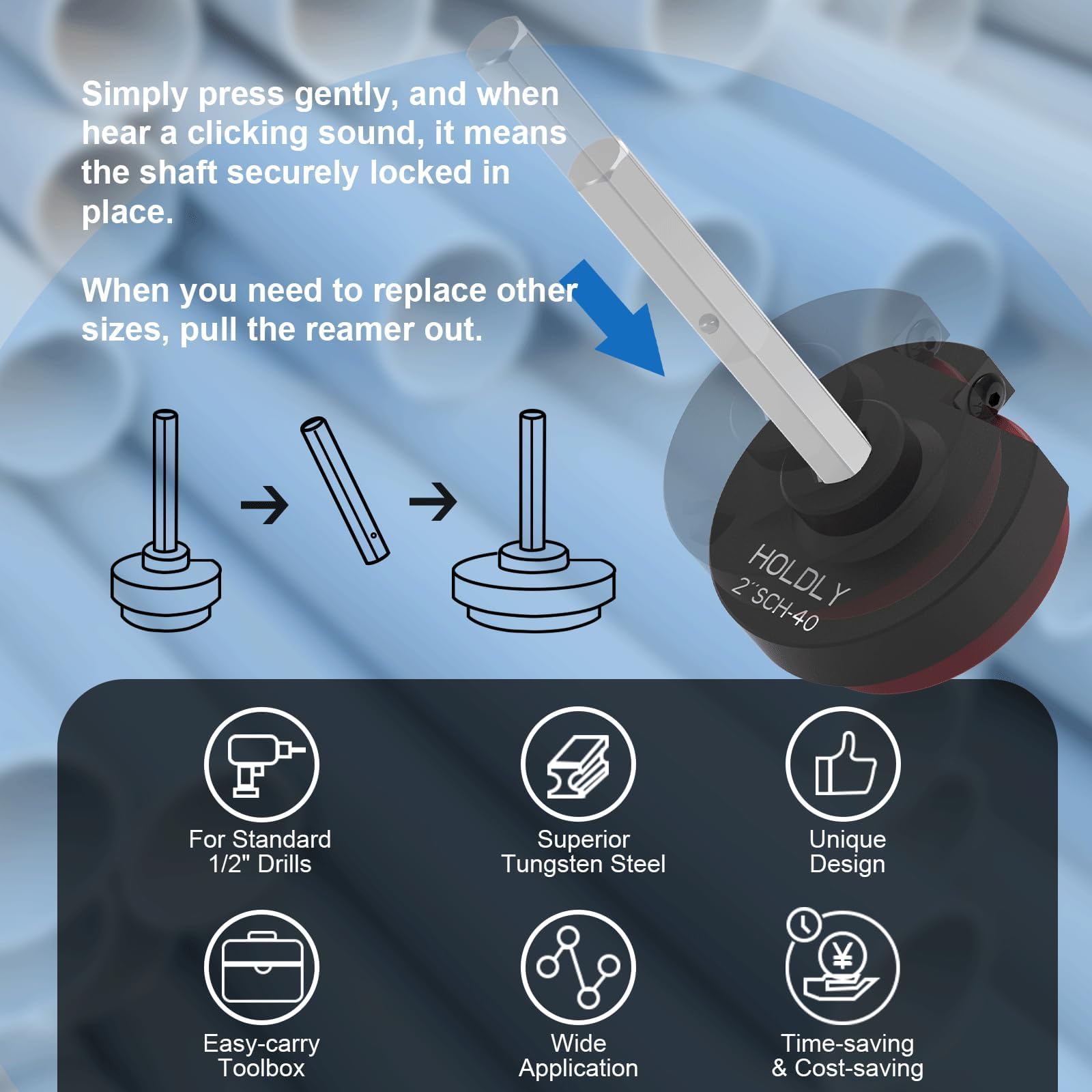 Escariador de tubería de PVC con eje hexagonal de 3/8 pulgadas – Protector de accesorios de PVC para líneas de agua, líneas de drenaje y líneas de ventilación – Herramienta de fontanería para corte