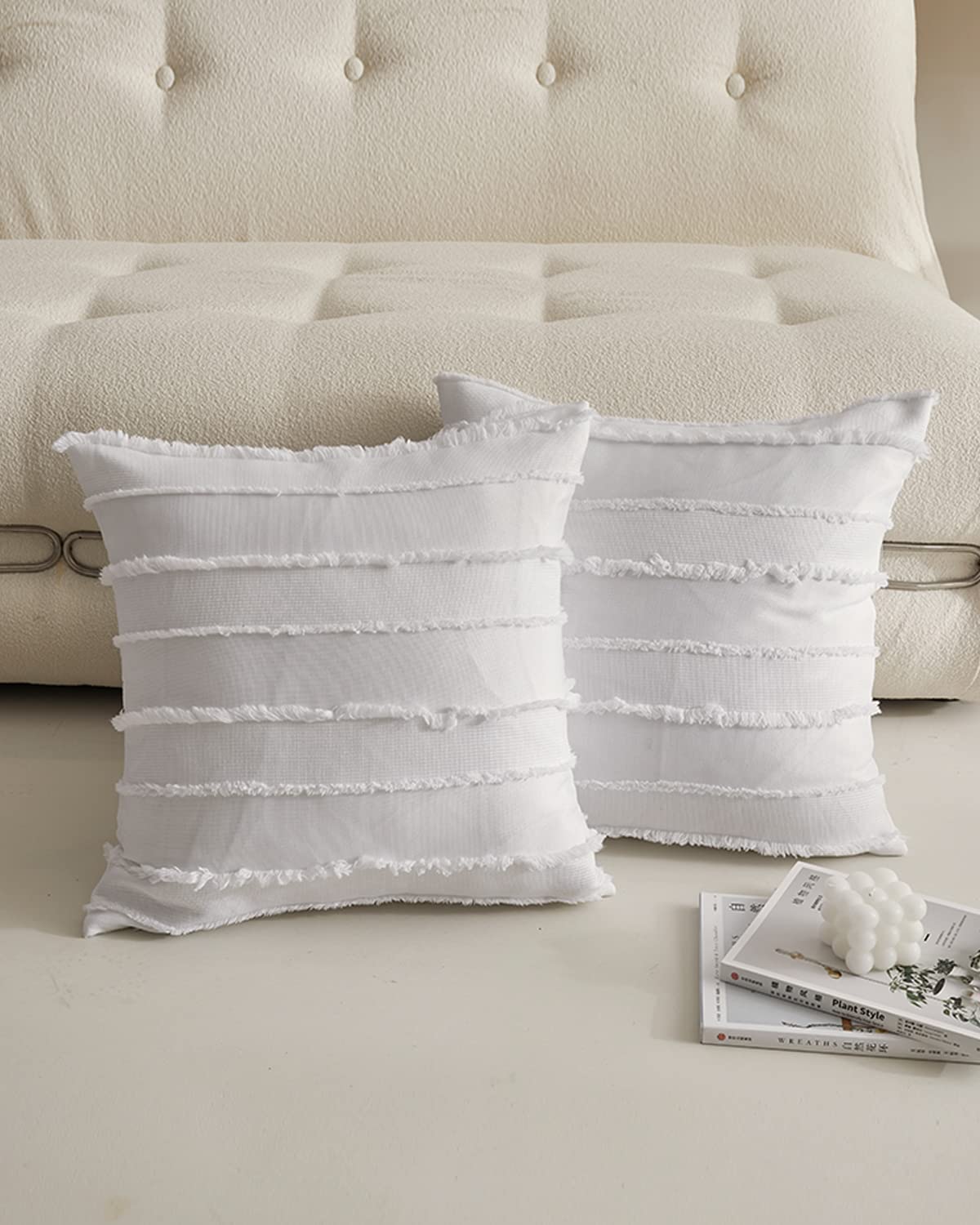 Beda Home-Pack-of-2-Decorative-Pillow-Covers for-Couch-Sofa, 3D Look-Bohemian-Stripe Design Polycotton-Cosy-Square-Soft-Throw-Covers with-Invisible-Zippers for Bed Chair (18"x18", Stripe White)