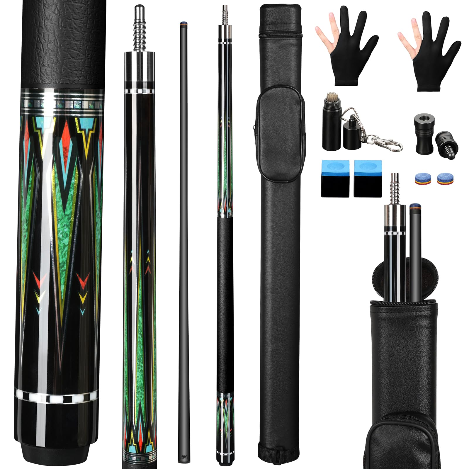 Aklot Carbon Fiber Pool Cue Stick 58", Billiard Cue Sticks 19oz, Low Deflection Billiard with 12.5mm Tip, Professional Carbon Fiber Pool Sticks for Adultss, Green