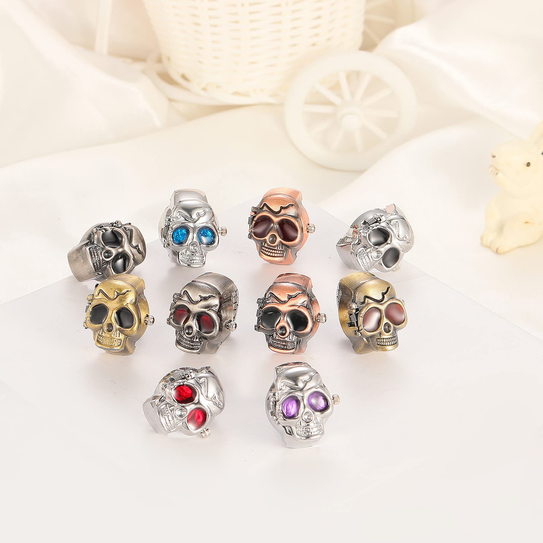 JewelryWe Herren Ringuhr Fingeruhr Analog Quarz Uhr Elastisch Totenkopf Schädel Ring Band Edelstahl Uhr Uhrenring