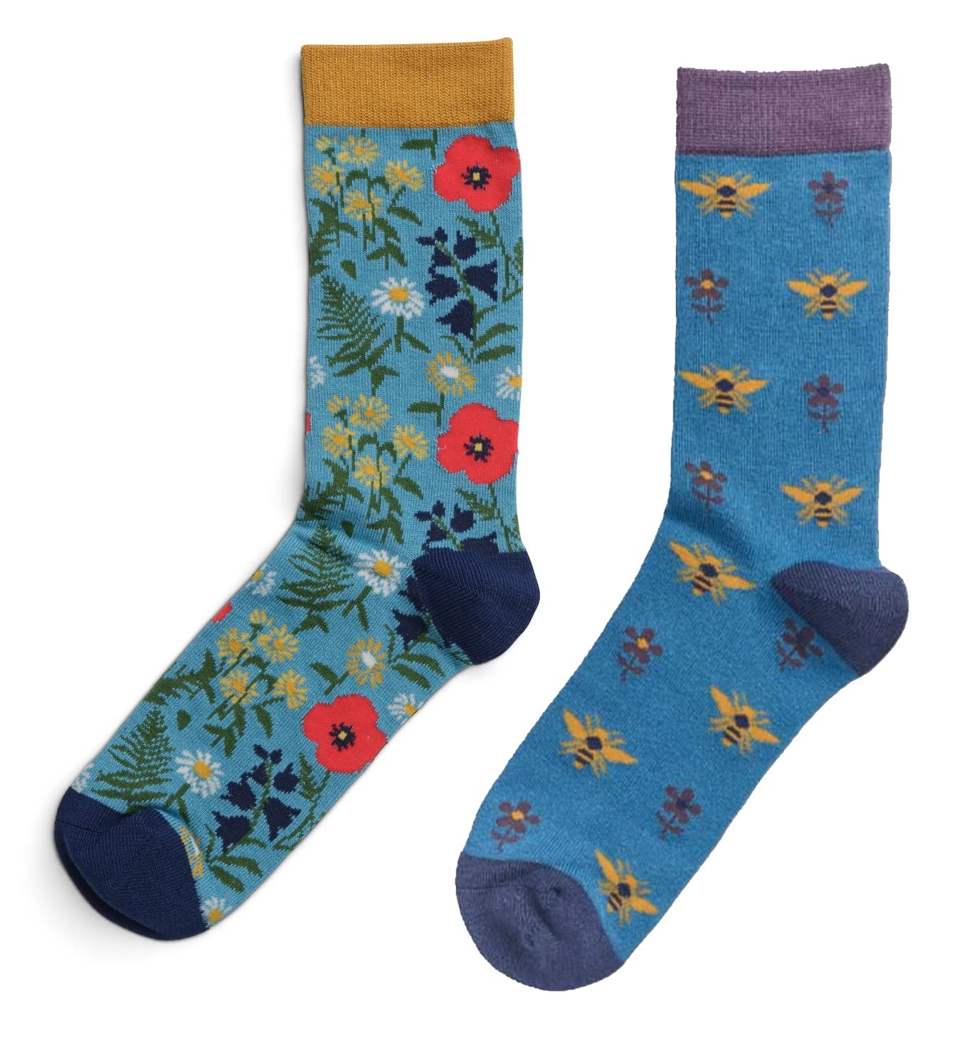 Lilyrosa Women's Blue Poppy Socks Floral Flower Bees Girls Size 4 To 7 Bamboo (Pack Of 2)