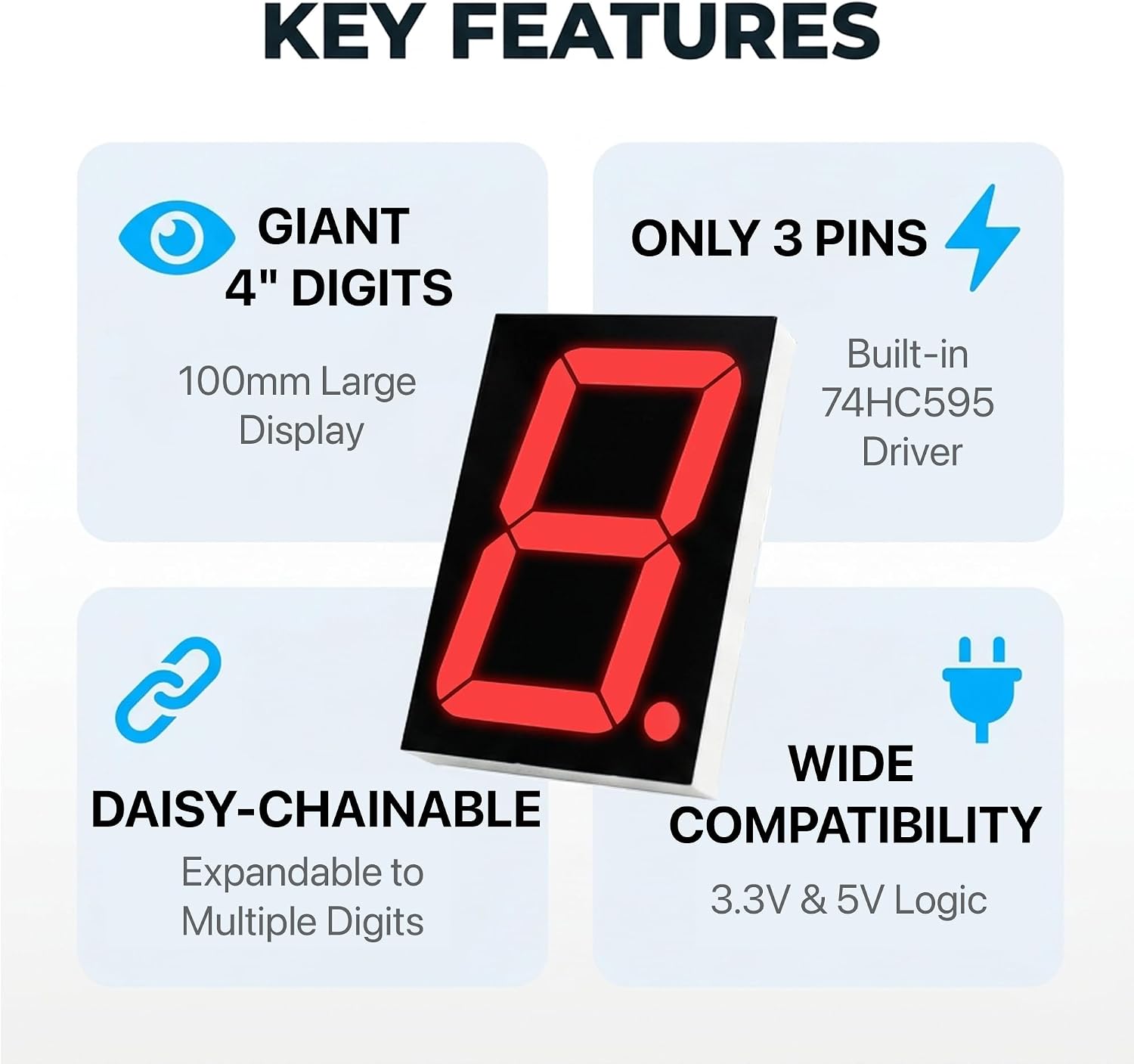 Lonely Binary 4" 7-Segment LED Display 74HC595 for Arduino & ESP32 | 100mm chainable digits; 12V segments, 5V/3.3V logic, 3-pin; Pico, STM32, ESP8266; scoreboard, clock, timer; tutorials