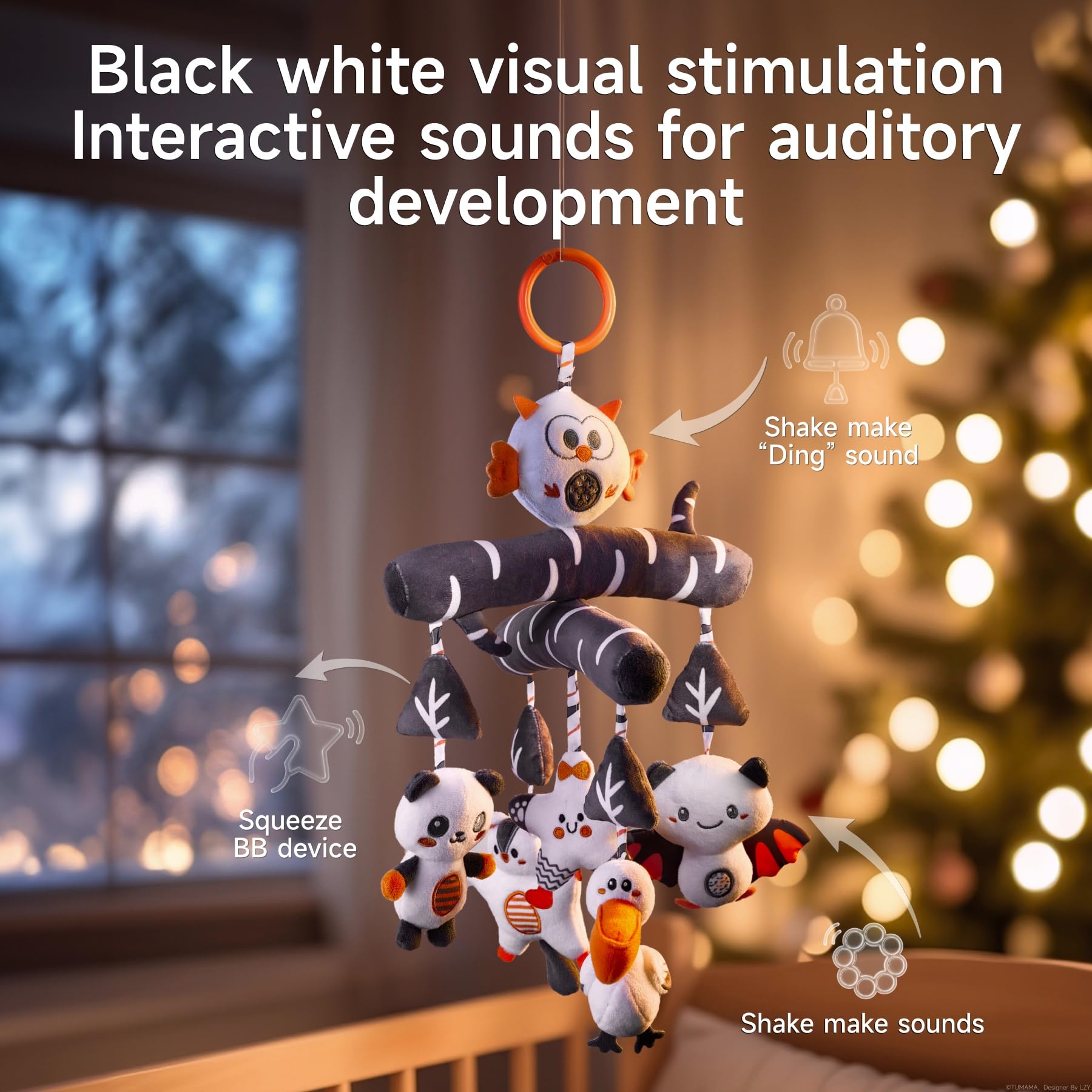 TUMAMA Baby Pram Toy from 0 2 3 4 6 8 9 12 Months, Contrast Black White Play Arch Pendant Gripping Toy Baby Toy with Sound - Image 3