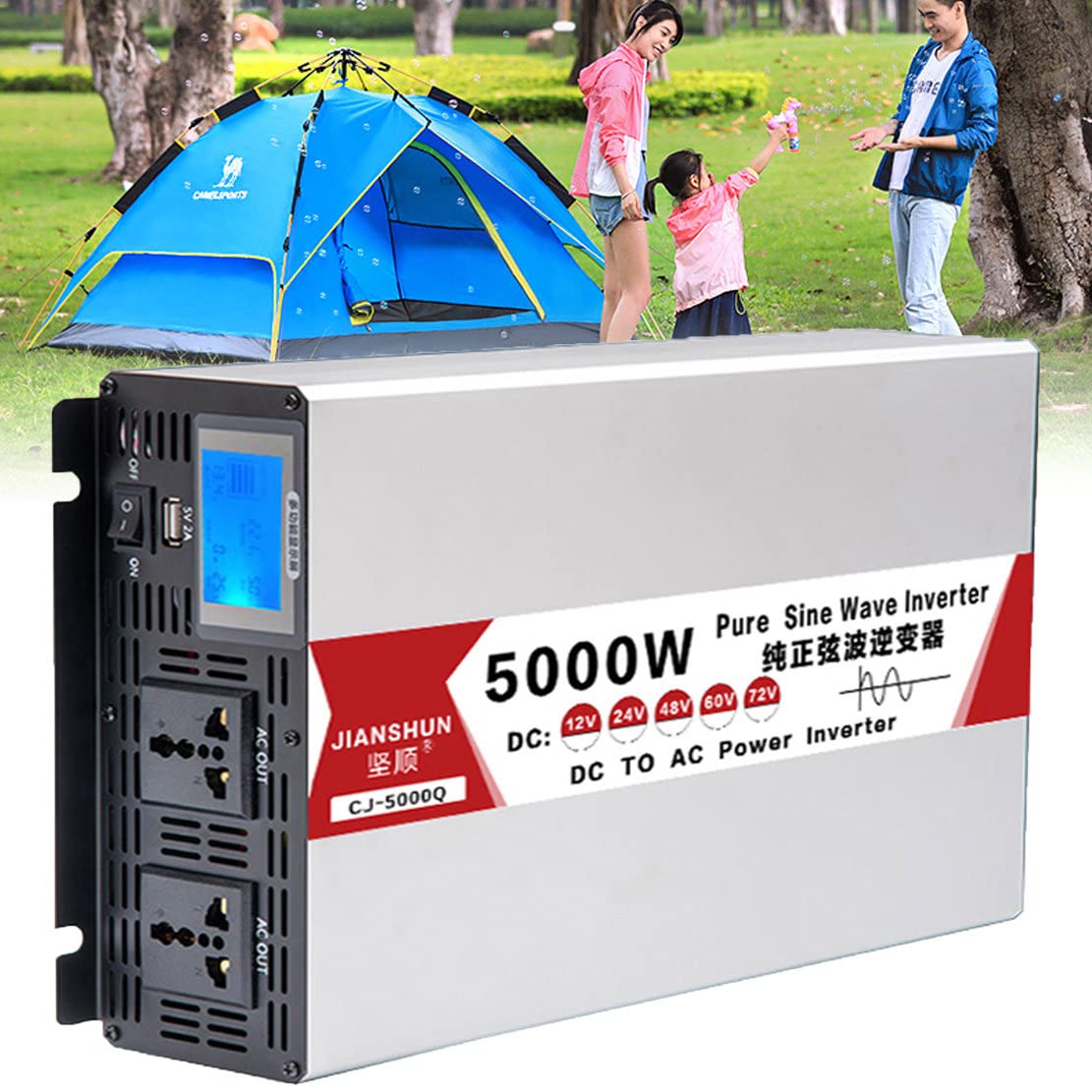 Czysta Fala Sinusoidalna Przetwornica Napięcia Falownik Samochodowy 12V Na 230V Przetwornica Falownika, Z Wyświetlaczem LCD I 2 Gniazdami AC Konwerter Samochodowy,5000W-48Vto110V