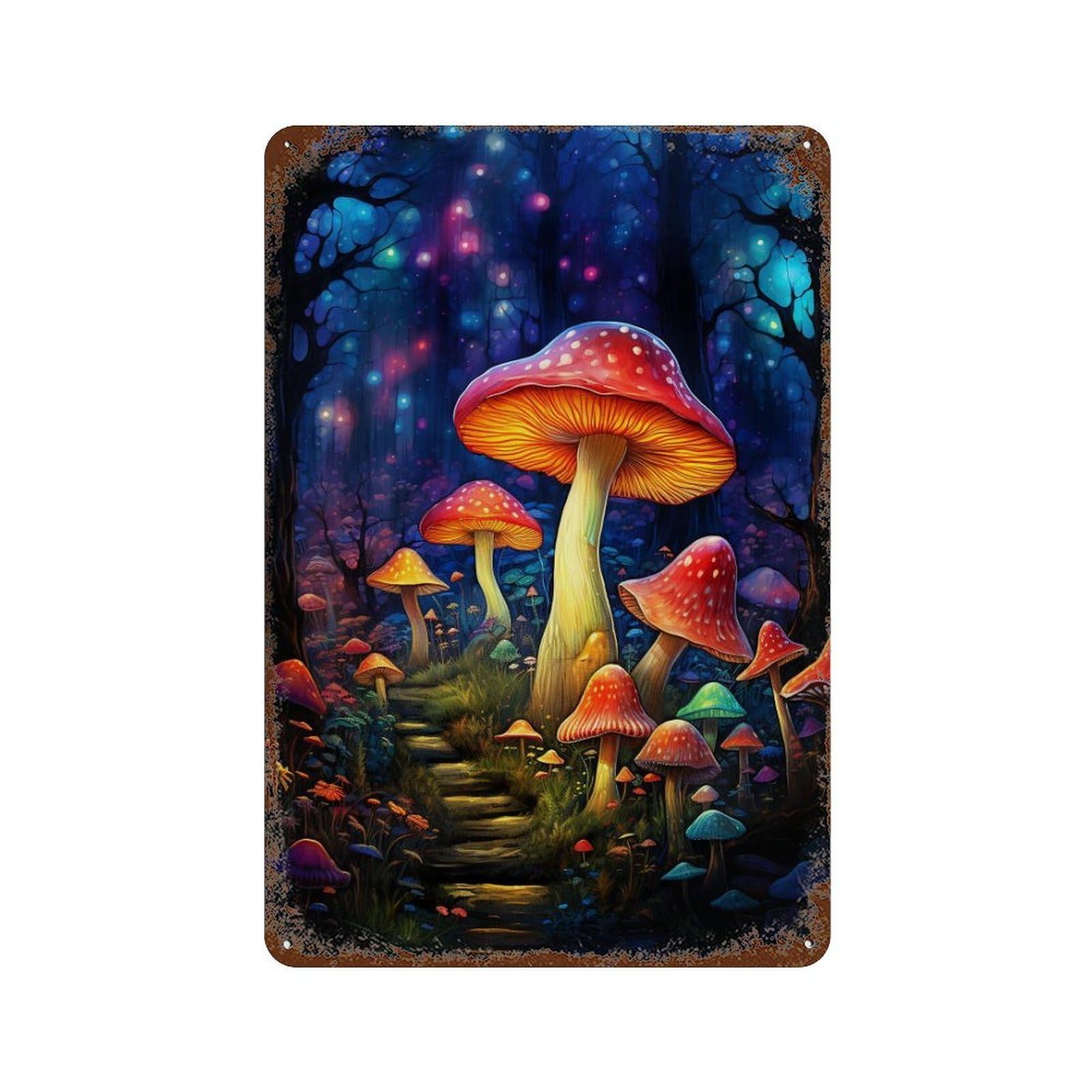 Decorative Tin Sign with Mystical Mushroom Forest Pathway Design 11.8"x7.9", for Basement, Hobby Room And Garage Decor, Rustic Home Decor