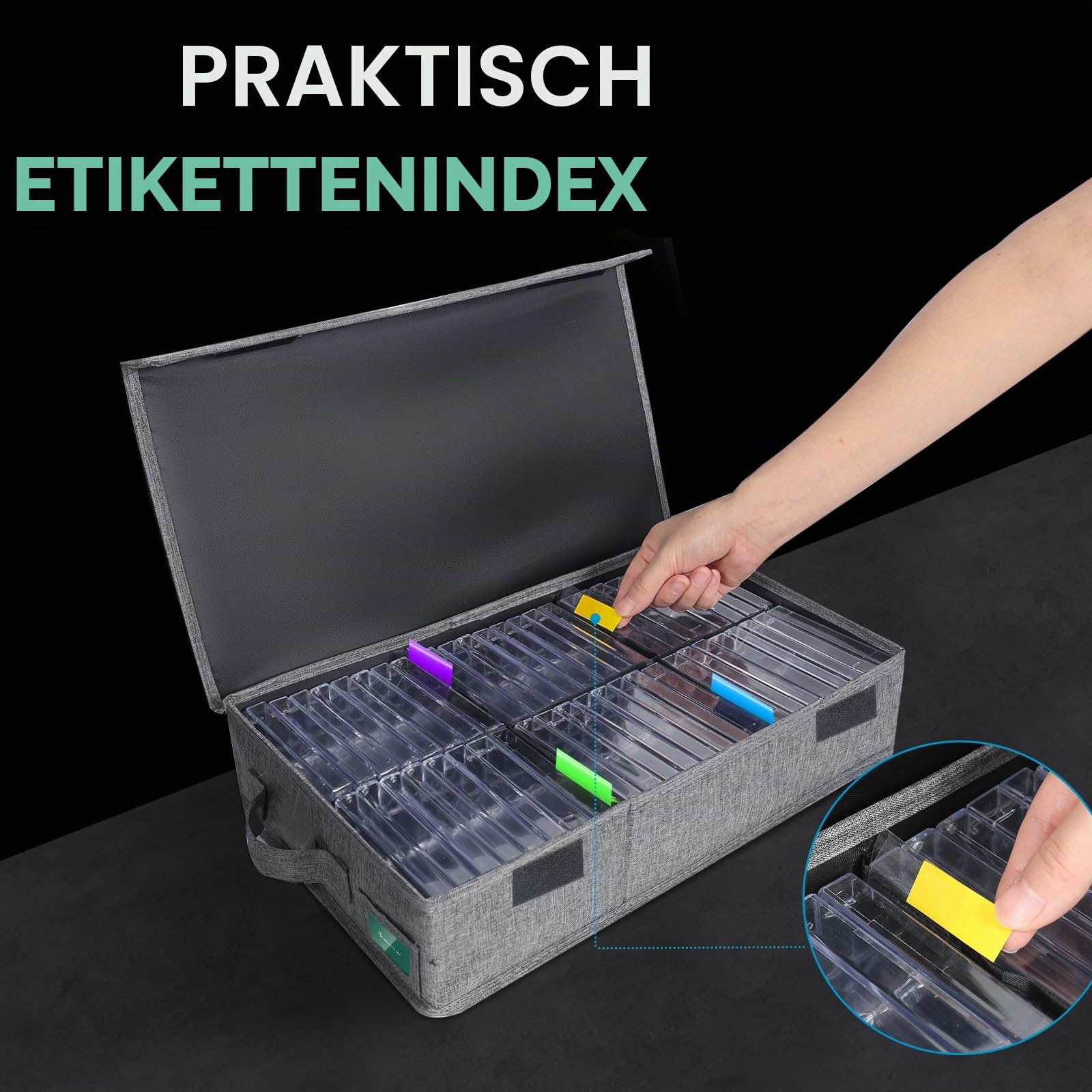 Kassetten-Aufbewahrungsbox, 3 Stück, robuster Kassettenhalter, 41 x 24 x 8 cm, Kassettenregal mit Deckel und Index-Etiketten zur Aufbewahrung von 144 Kassettenhüllen, Grau
