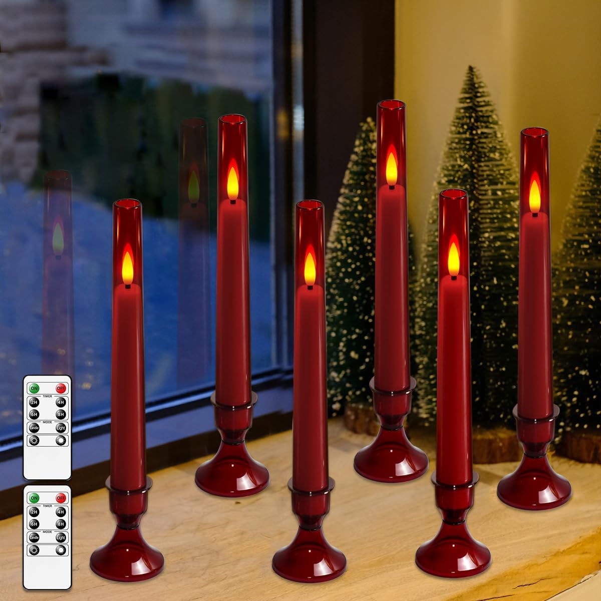 flameless window candles, battery operated taper candles, 6 pcs led christmas window candlesticks, acrylic flickering candlelight with remote red