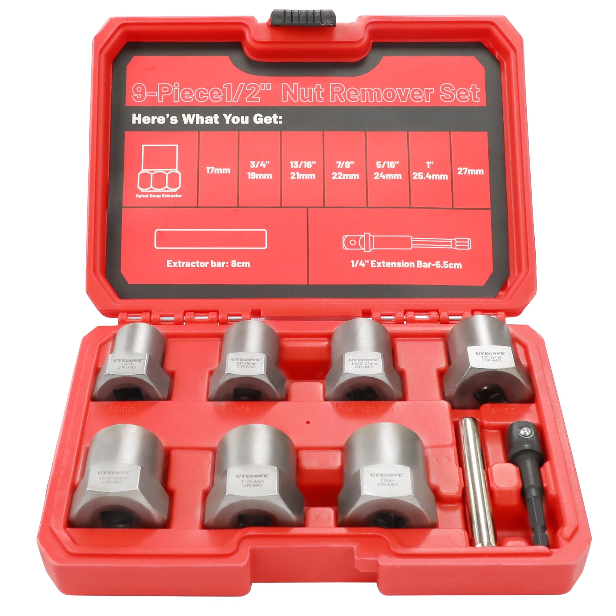 UYECOVE 9 Pcs Deep Bolt Extractor Set Heavy Duty, 1/2'' Drive Easy Out Bolt Extractor Set, Nut Extractor set Broken Bolt Extractor Kit for Removing Stripped Lug Nuts, Rounded off Nuts, Bolts, Studs