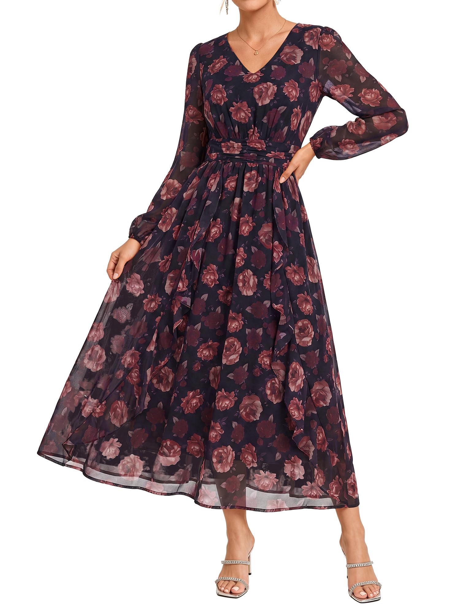 GRACE KARIN Damen V-Ausschnitt Laterne Ärmel Rüschensaum Blumendruck Tailliert Midi Kleid mit Taschen